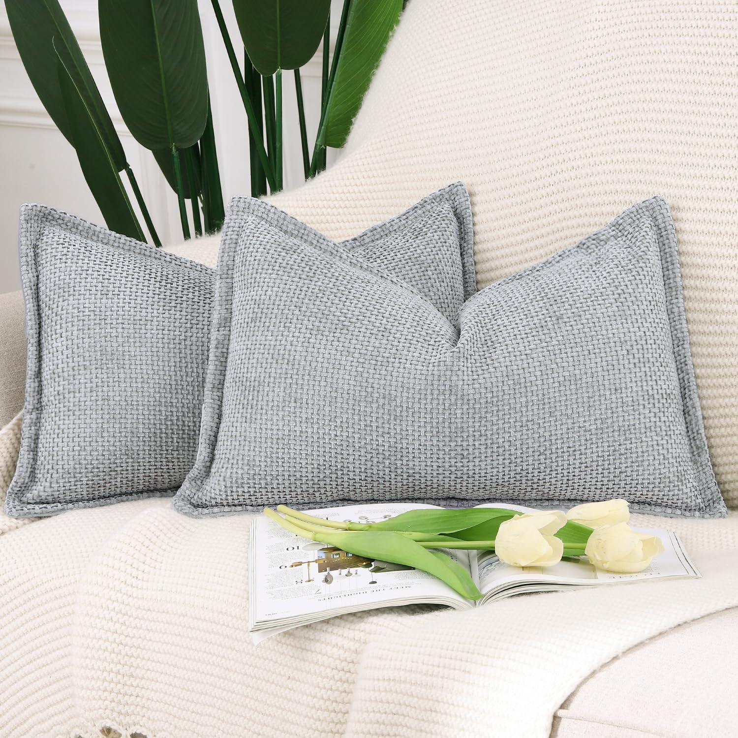 Madizz Set of 2 Chenille Velvet Cushion Covers with Flange Soft Boho Textured Throw Pillow Covers Broadside Pillowcases Modern Farmhouse Home Decor for Sofa Bedroom Grey 16x24 inch, 40x60 cm