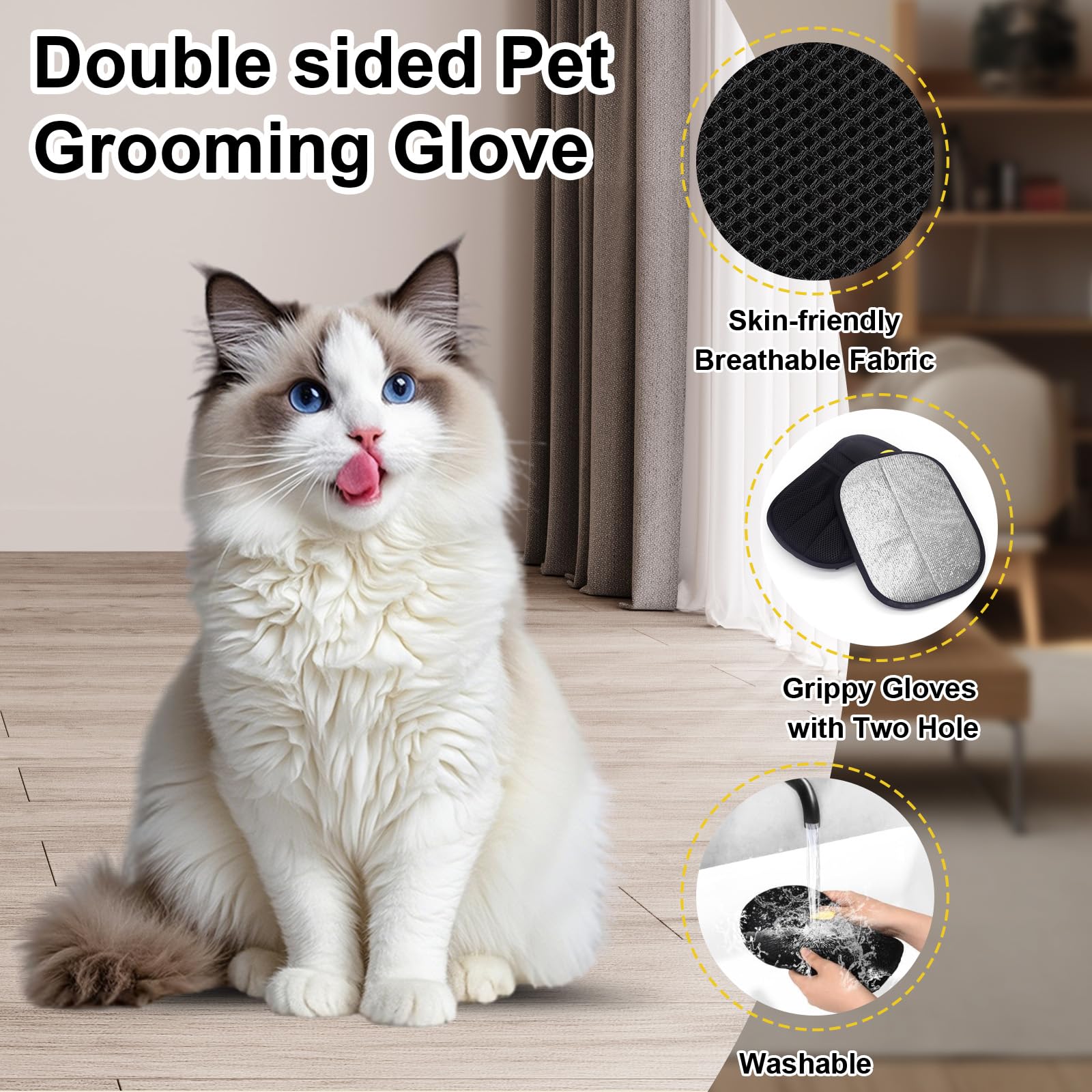 4Pcs Cat Grooming Glove, Static Removal Gloves Pet Hair, Dog Washing Gloves, Double Sided Pet Grooming Gloves - Image 3