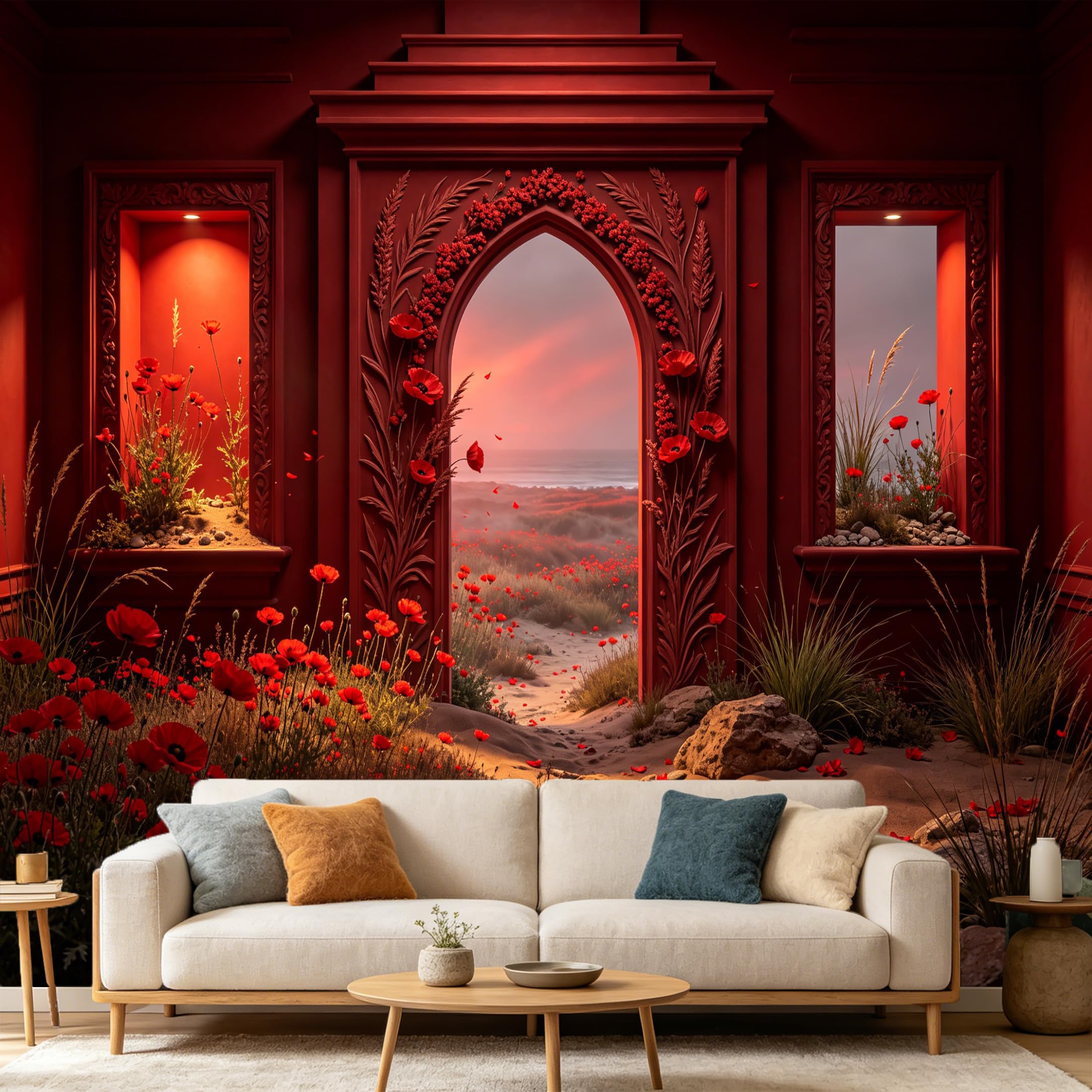Custom Size Wall Mural， Red Archway Sunset Seascape Wildflower Meadow， SelfAdhesive Art Prints wall Fabric Removable Large Wallpaper Home Living Room Decor