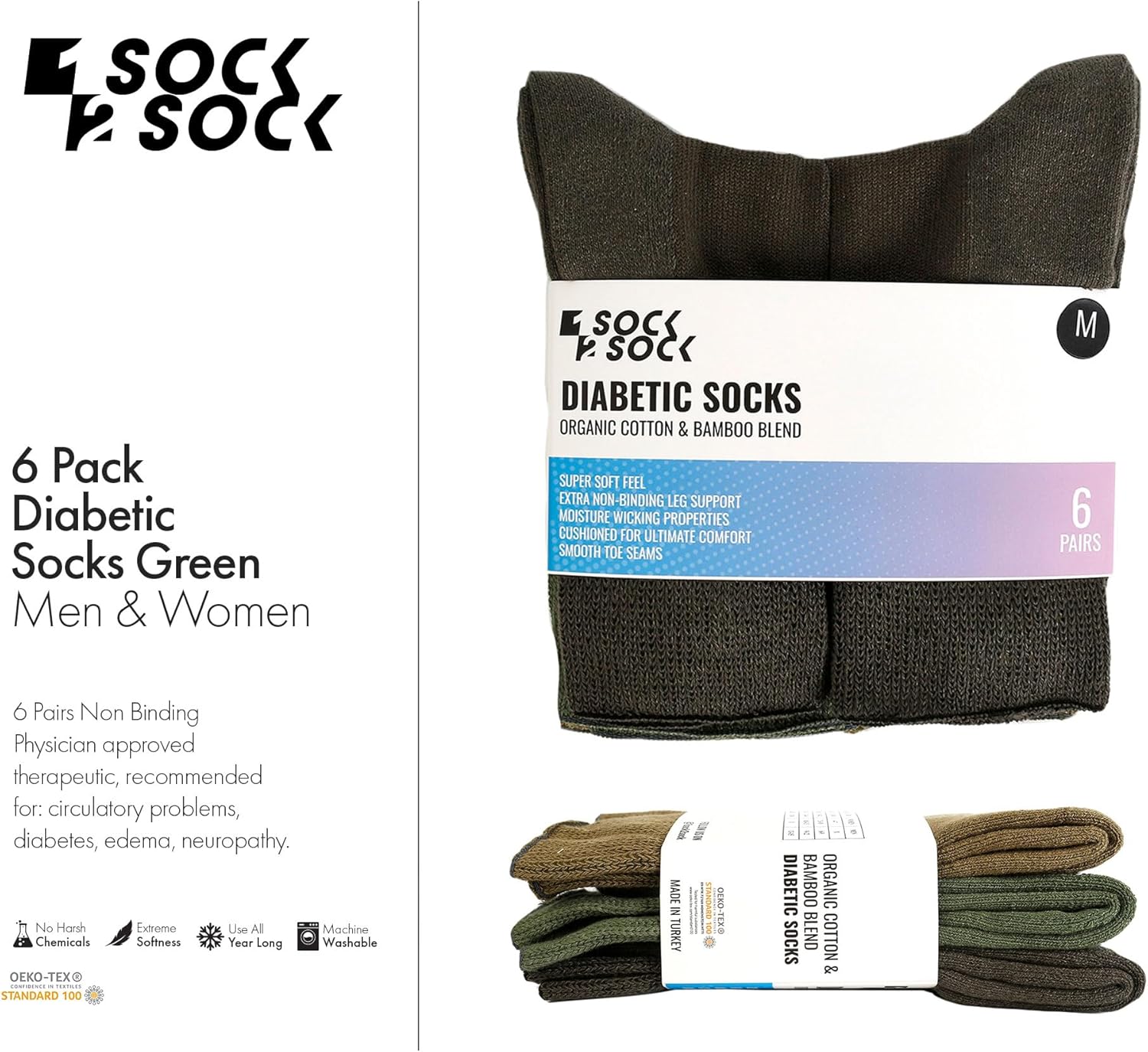 1SOCK2SOCK 6 Pack Diabetic Crew Socks, Therapeutic, Non-Binding Circulatory Silky Soft Cushioned Socks Green X-Large