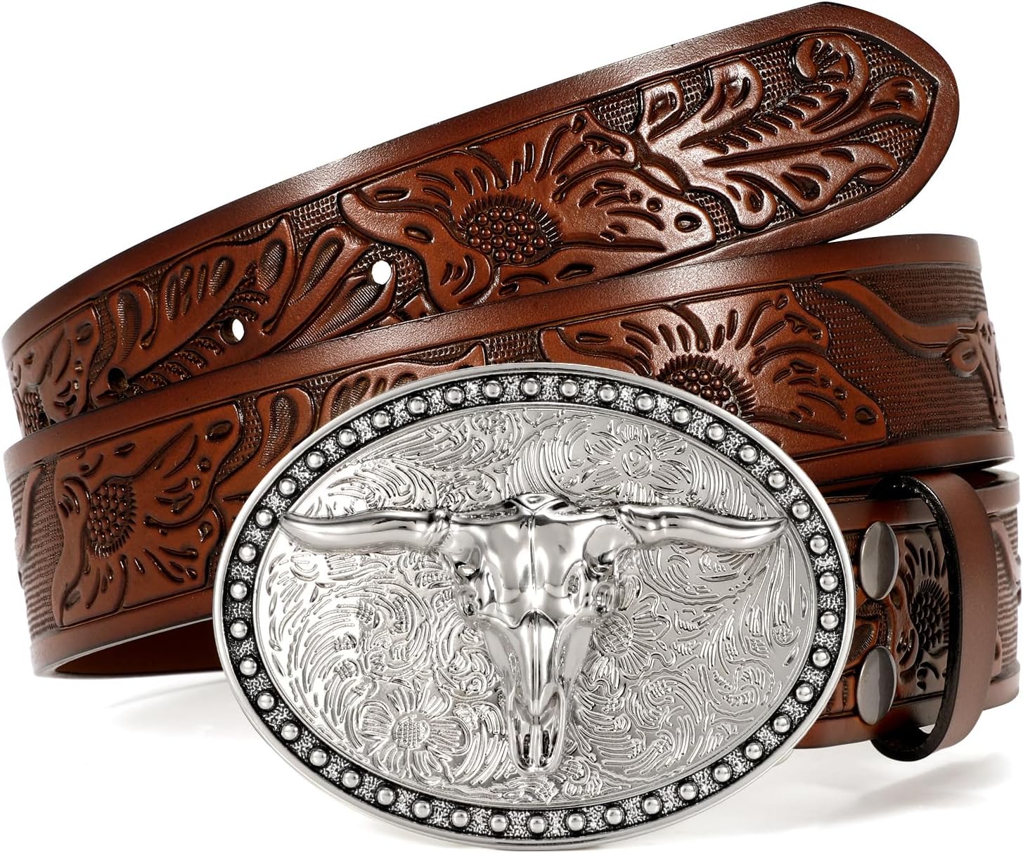 VONMELLI Western Belt for Men Women, Embossed Leather with Bull Buckle
