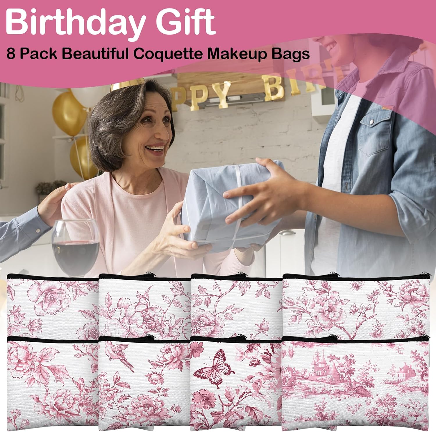 24 Pcs Floral Cosmetic Bags Bulk for Women Pink and White Floral Makeup Bags Chinoiserie Canvas Travel Zipper Pouches Aesthetic Toiletry Bag for Girls Bridesmaids Wedding Supplies