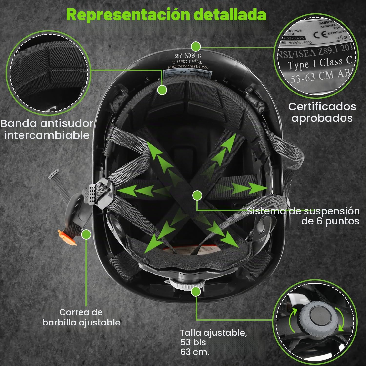 GREEN DEVIL Mervex Vent - Casco de seguridad EN 397 | ABS con suspensión de 6 puntos | Ventilado | ajuste con una sola mano 53-63 cm | para construcción e industria