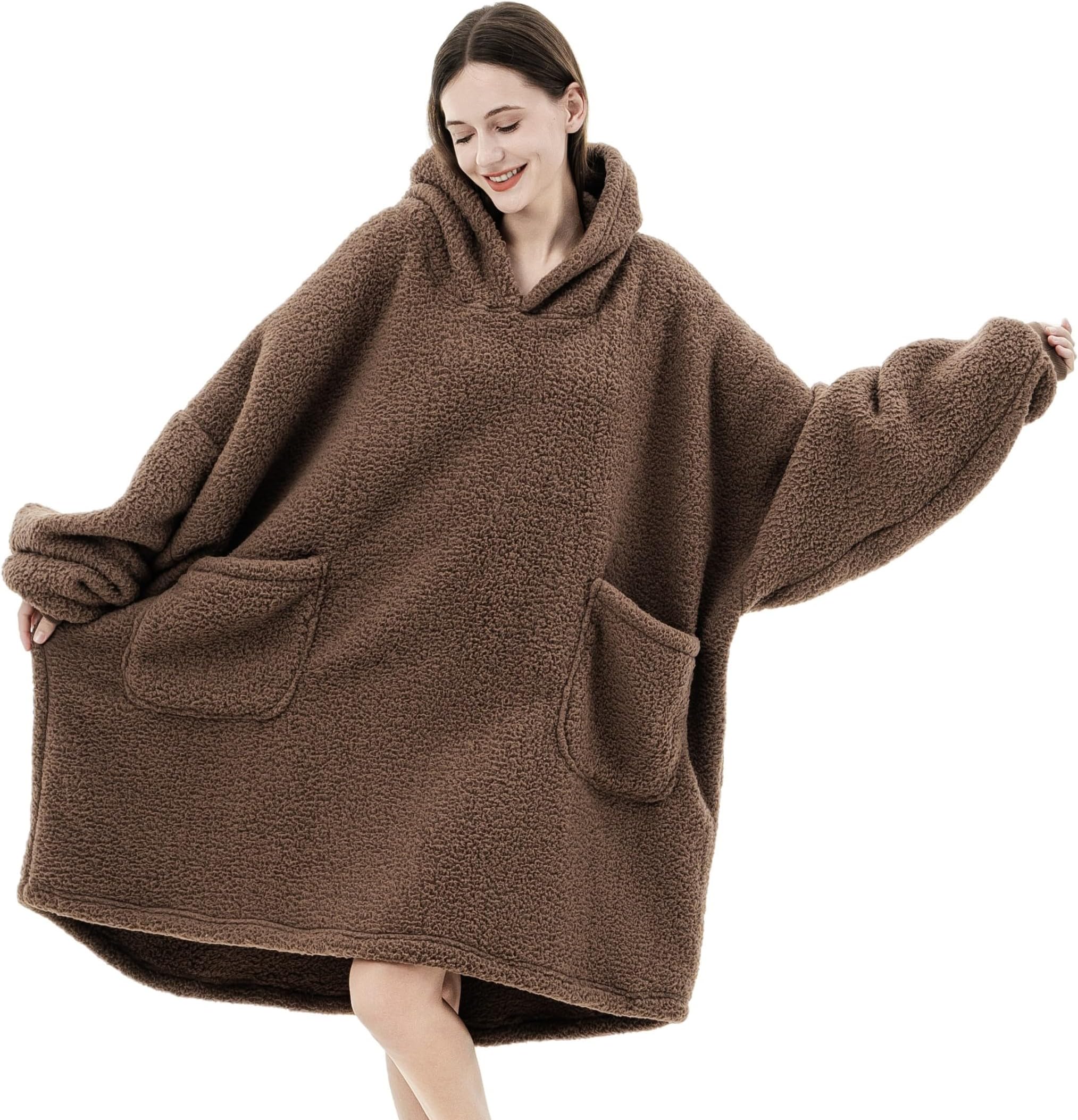 Sherpa Wearable Blanket Hoodie Gifts for Women, Cozy Warm Oversized Hoodie Blanket Sweater with Pockets for Adults