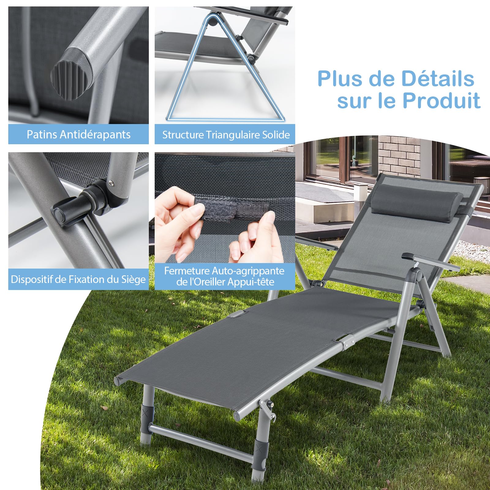 GIANTEX Chaise longue pliable - En aluminium - Avec dossier et repose-pieds réglables - Avec coussin - Chaise longue d'extérieur avec coussin - Chaise longue de voyage - Chaise longue de détente