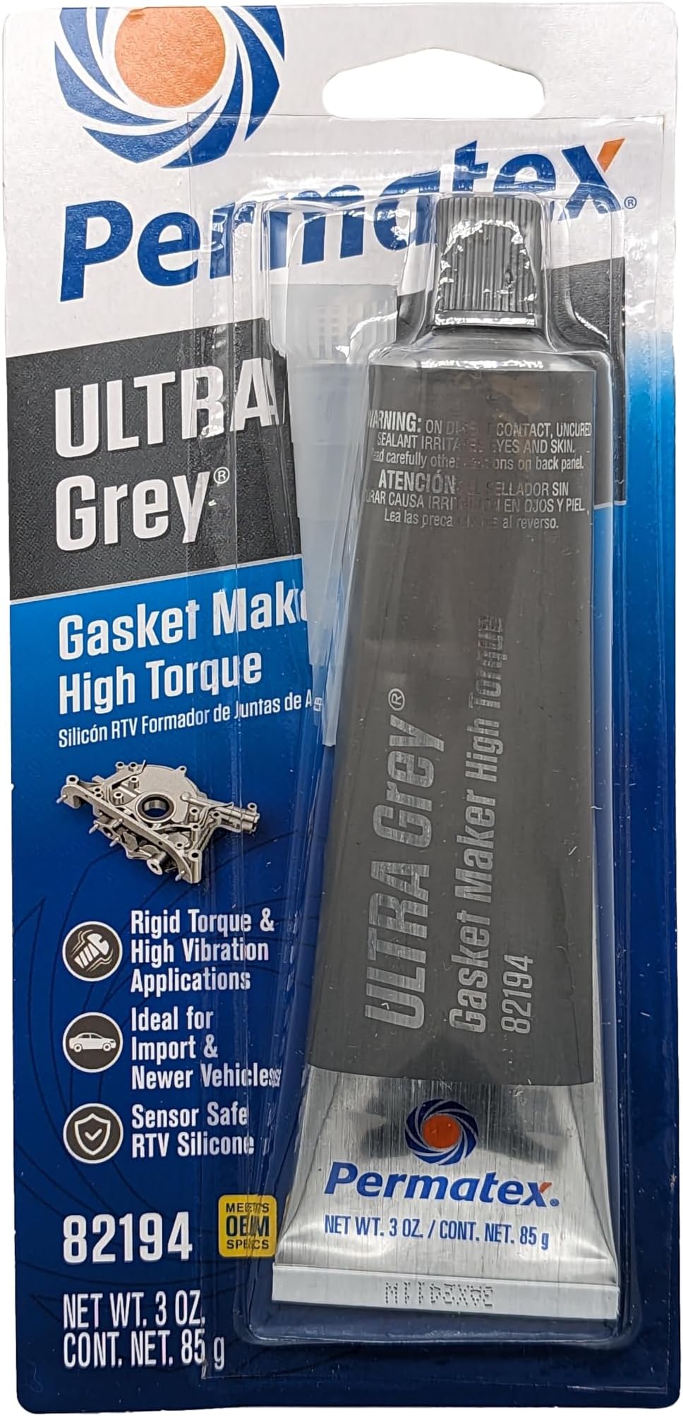 82194 Ultra Grey Rigid High-Torque RTV Silicone Gasket Maker, Sensor Safe And Non-Corrosive, For High Torque And Vibration Resistant Applications, 3 oz