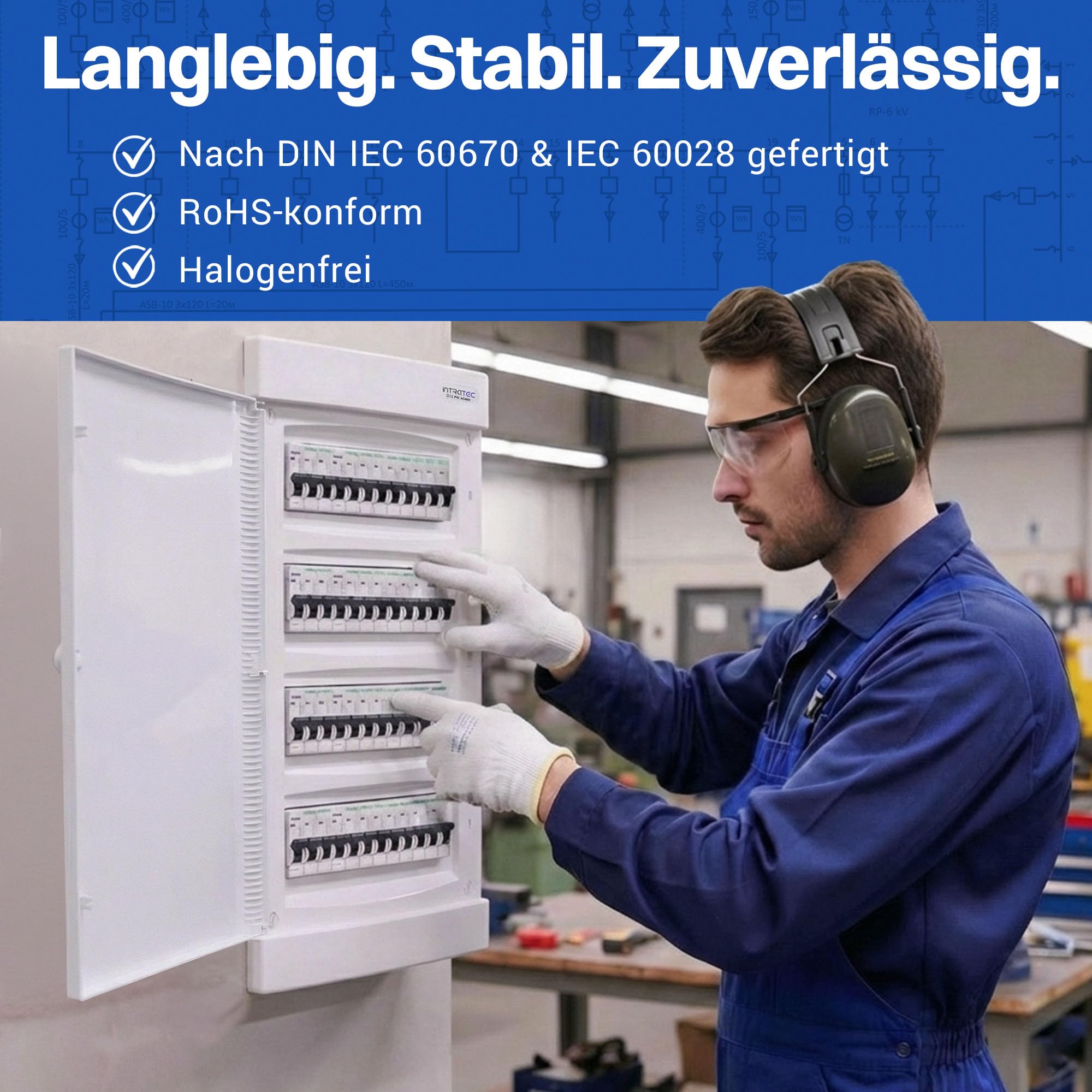 Intratec Sicherungskasten Unterputz 4 reihig – Unterputz Verteilerkasten IP40 für 48 Module mit weißer Tür und Hutschiene für einfache Elektroinstallation Zuhause & Gewerbe – 676 x 283 x 106mm