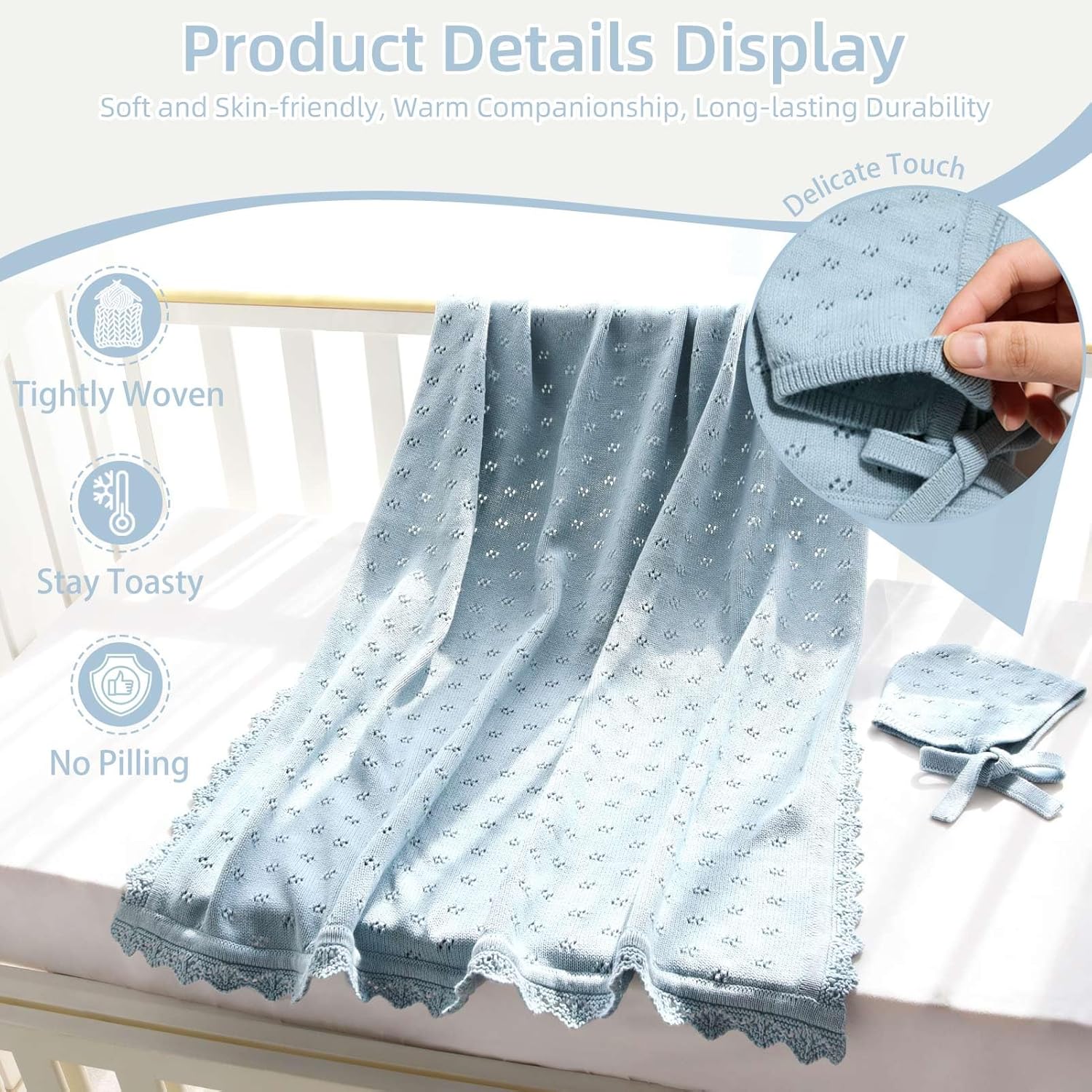 LifeTree Knit Baby Blanket & Hat, 100% Cotton Soft Swaddle & Receiving Blanket for Toddler, Lightweight & Breathable Newborn Blanket Unisex for Crib, Stroller, 31X40 Inches, Shower Registry Gift, Blue