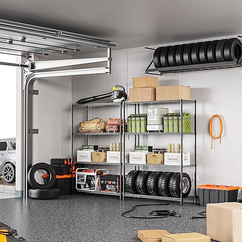 Miniatura 2 de IZEUK Estantería negra de garaje de 1400 libras, estantes de almacenamiento anchos de 4 niveles, ajustable, estante de alambre de metal resistente,