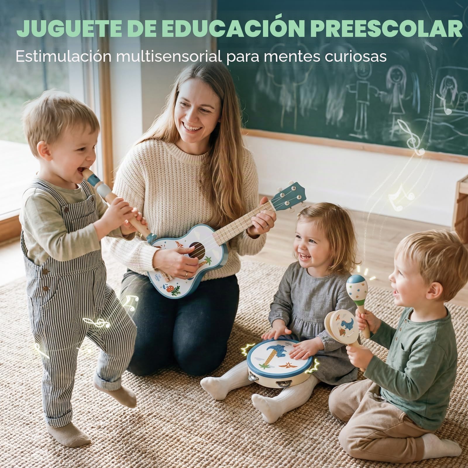 Lehoo Castle Juego de Guitarra Infantil con 7 Instrumentos usicales, Ukelele Niños de Madera con Pandereta, Flauta, Maracas y Sonajero, Educativos Juguete Musical Regalo 2 3 4 Años