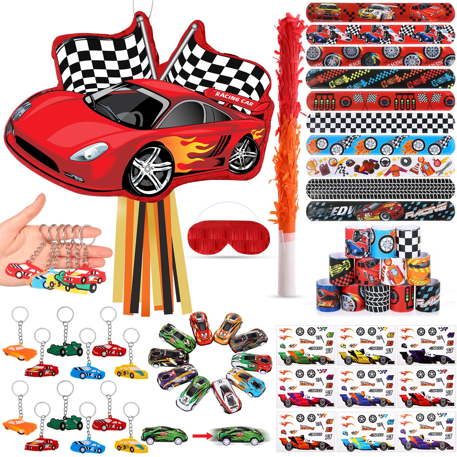 Pasimy Cars Piñata Race Car Party Favors Set with Black Red Birthday Piñata Stick Blindfold Slap Bracelet Keychain Sticker Racecar Party Gifts Birthday Decorations Goodie Bag Stuffer Supplies