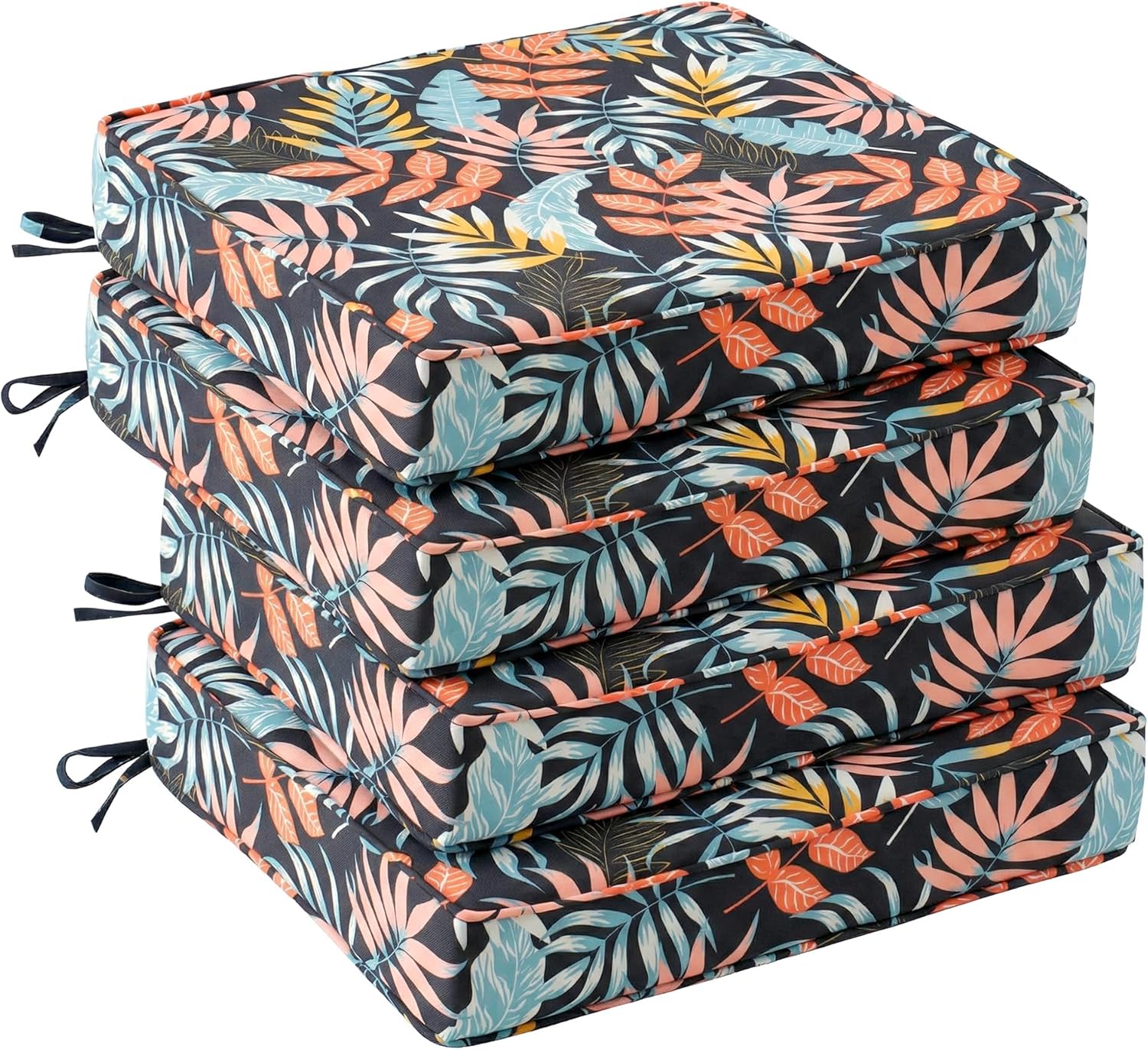 UNIKOME Outdoor Chair Cushions Set of 4, Waterproof Patio Seat Cushions with Ties for Outdoor Furniture, High-Density Foam, Piped Edge – 18.5" x 16" x 3", Colorful Tropical Leaves