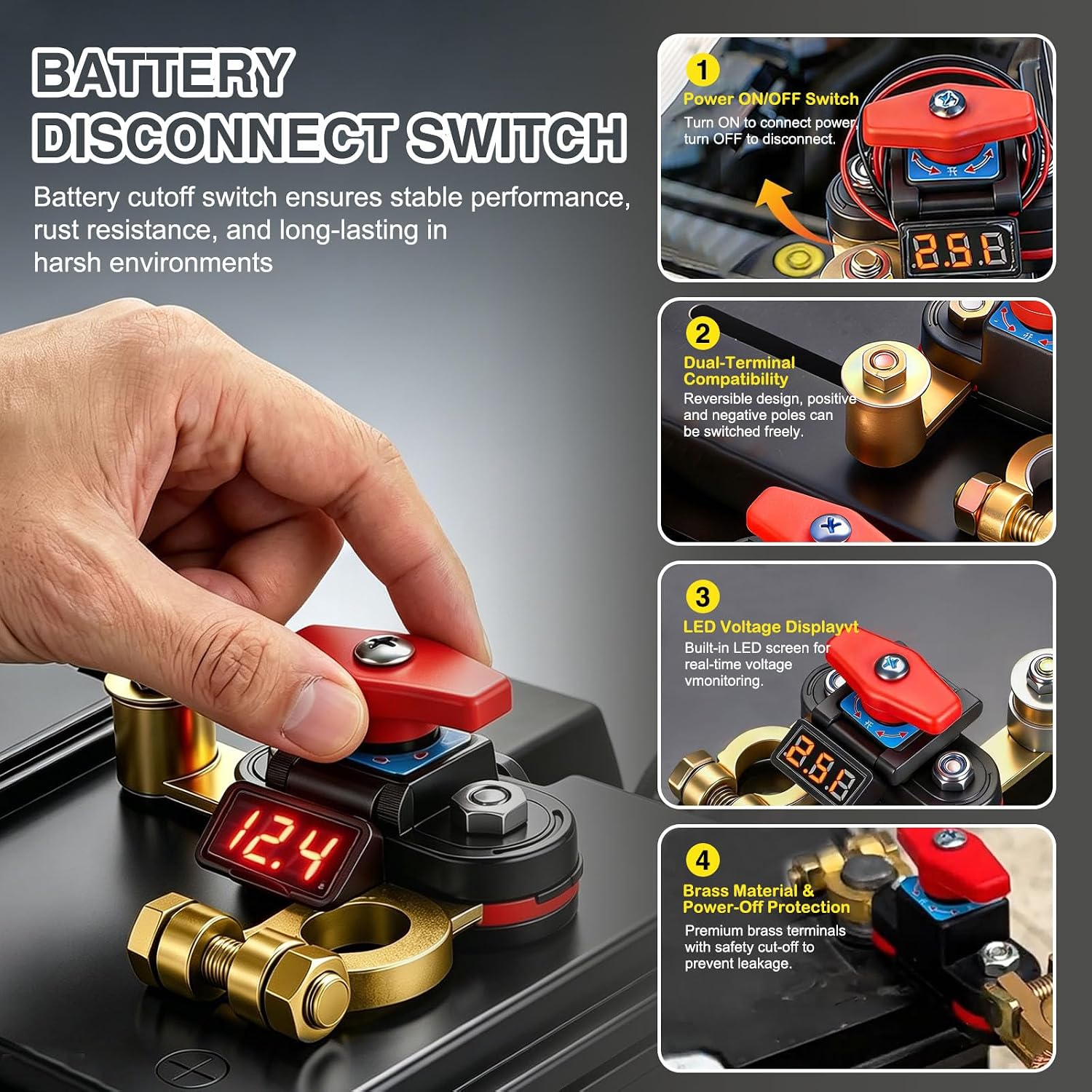 2 Pack Car Battery Disconnect Switch, 12/24V Battery Cut Off Switch with LED Indicator, Thickened Pure Copper for Car Truck Boat RV Marine