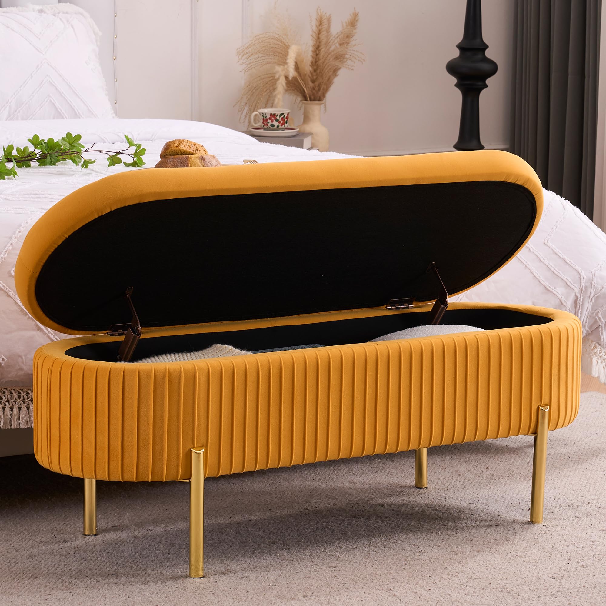 AIITTCC Velvet Storage Bench for Bedroom Upholstered End of Bed Bench Modern Ottoman with Gold Legs for Living Room/WindowEntryway (Mustard Yellow,