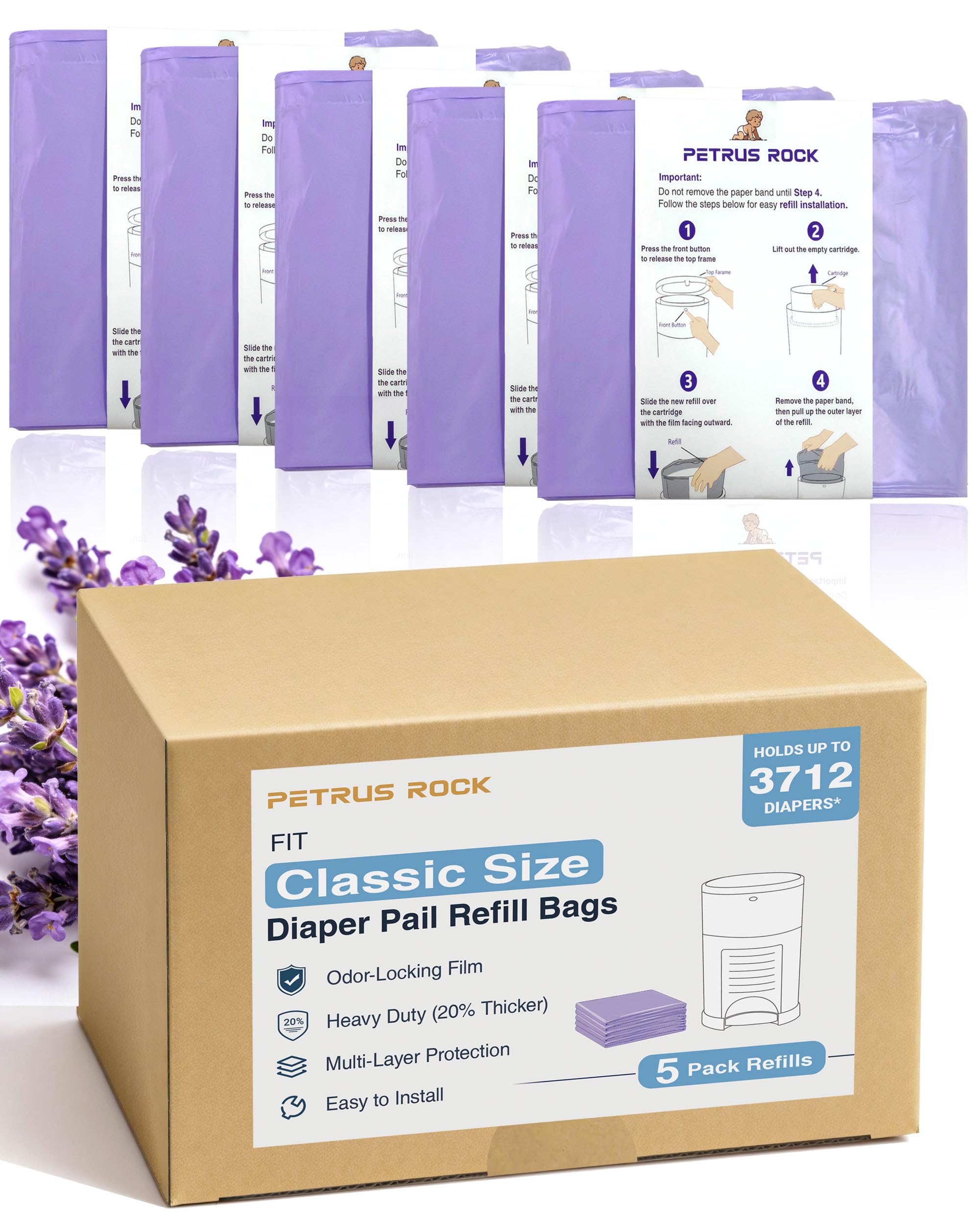5 Pack Diaper Pail Refill Bags Compatible with Dekor Classic Diaper Pail, 50% Extra Long, Holds Up to 3712 Diapers, Heavy Duty Odor Control, Fresh Lavender Scent - 2