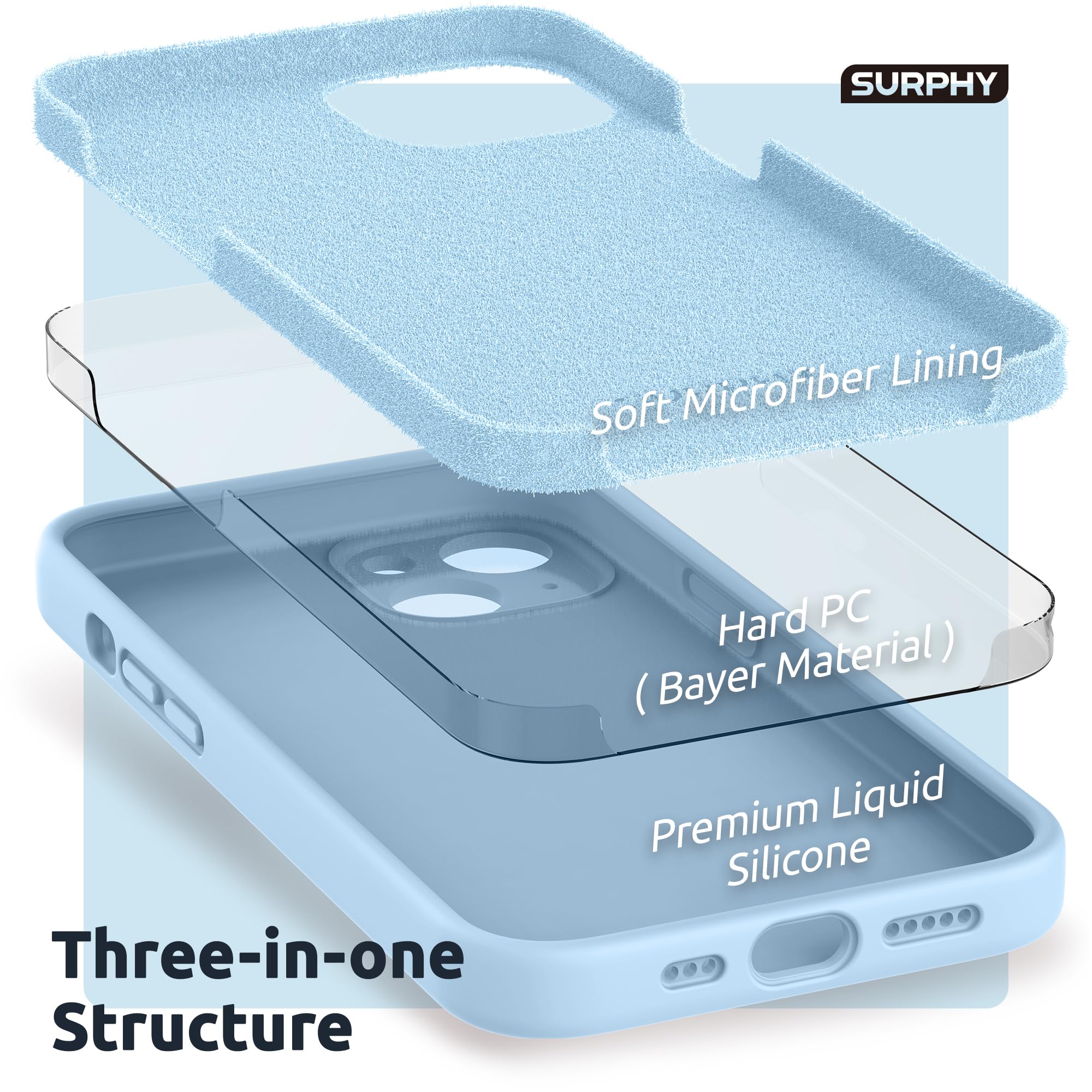 SURPHY Cover Compatibile con iPhone 13 (6,1”), Custodia in Silicone per iPhone 13 Cover Antiurto con Protezione Individuale per Ogni Lente Full Body Protettiva Case per iPhone 13 2021, Blu chiarorde