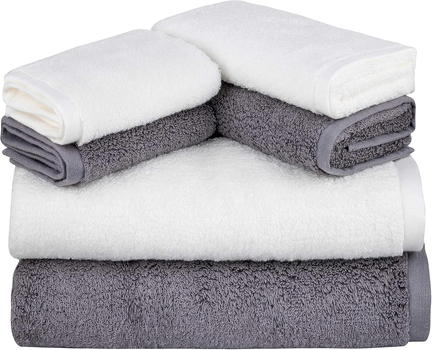 SEMAXE Bath Towel with Hanging Loop, Absorbent and Soft Long-Staple Cotton Bathroom Towel,Hotel & Spa Quality 6 Piece Towel Set includes 2 Bath Towels, 2 Hand Towels, 2 Washcloths (Grey+Whit