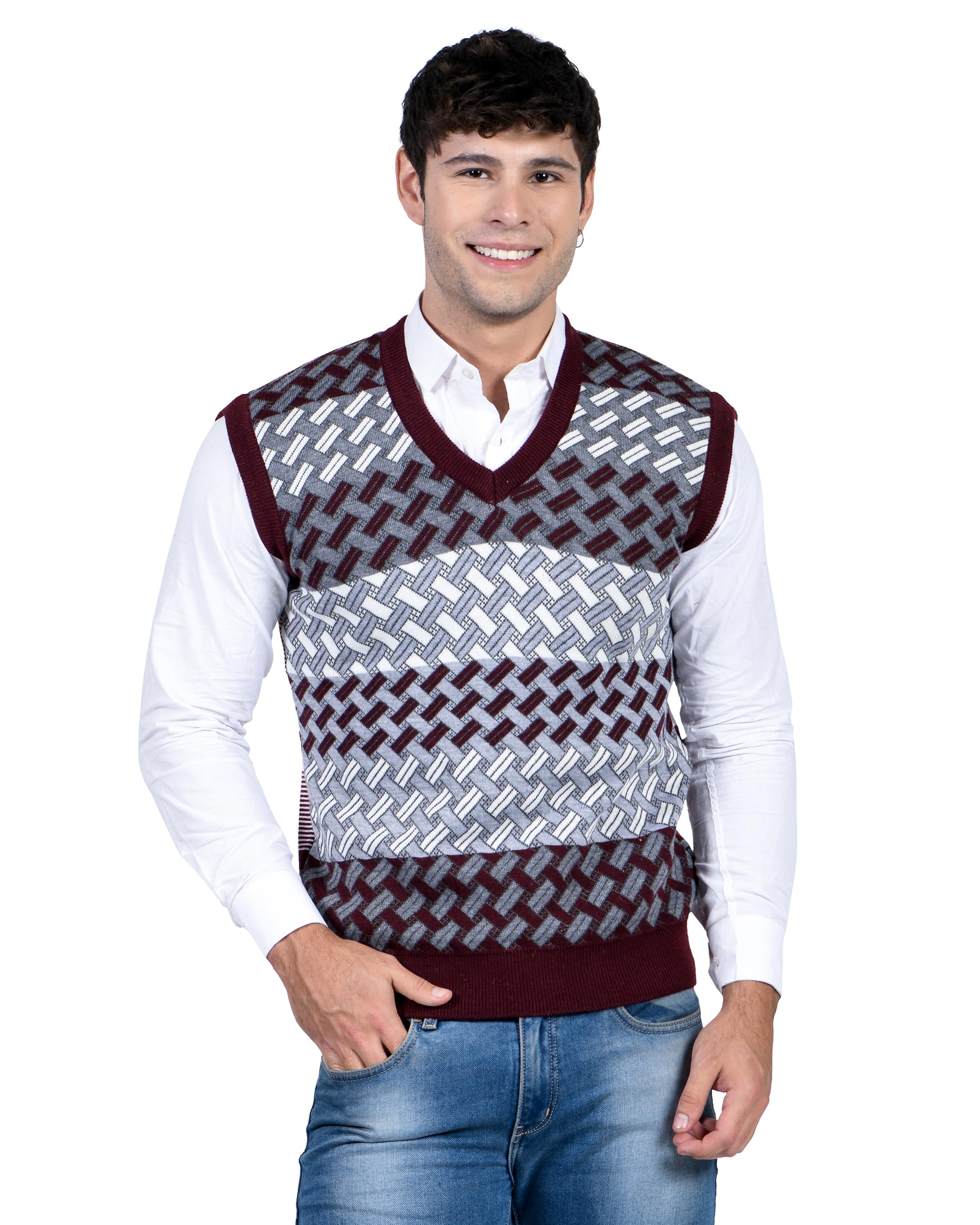 Men Woolen V-Neck Printed Design Sleeveless Pullover Heavy Rainbow Fabric Winter Wear Pure Wool Cardigan for Men Fully Warm Pullovers Free Sizes-picture-14