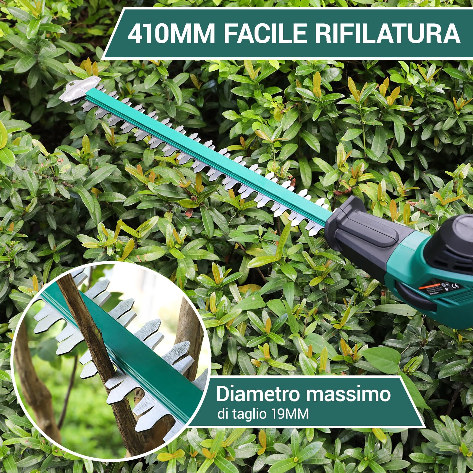 Tagliasiepi Telescopico a Batteria, Tagliasiepi a Batteria, Tagliasiepi Elettrico, Batteria 20V 4Ah e Caricabatterie, Lama 45cm, Passo 16 mm, Testa Pivotante con 7 Posizioni