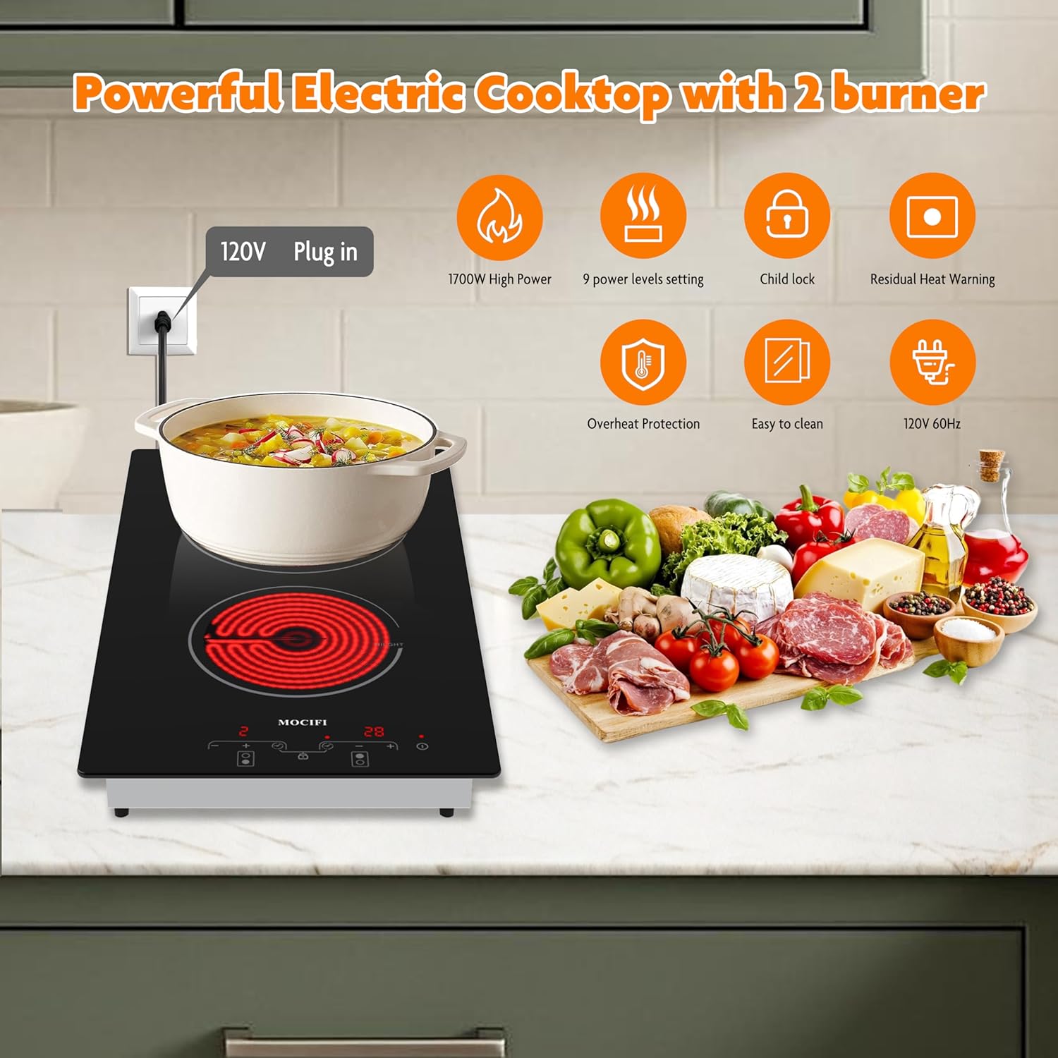 12" Ceramic Cooktop with 120V Plug, Electric Cooktop 1700W 2-Burner, Touch Control with Timer & Child Lock, Built-in or Countertop