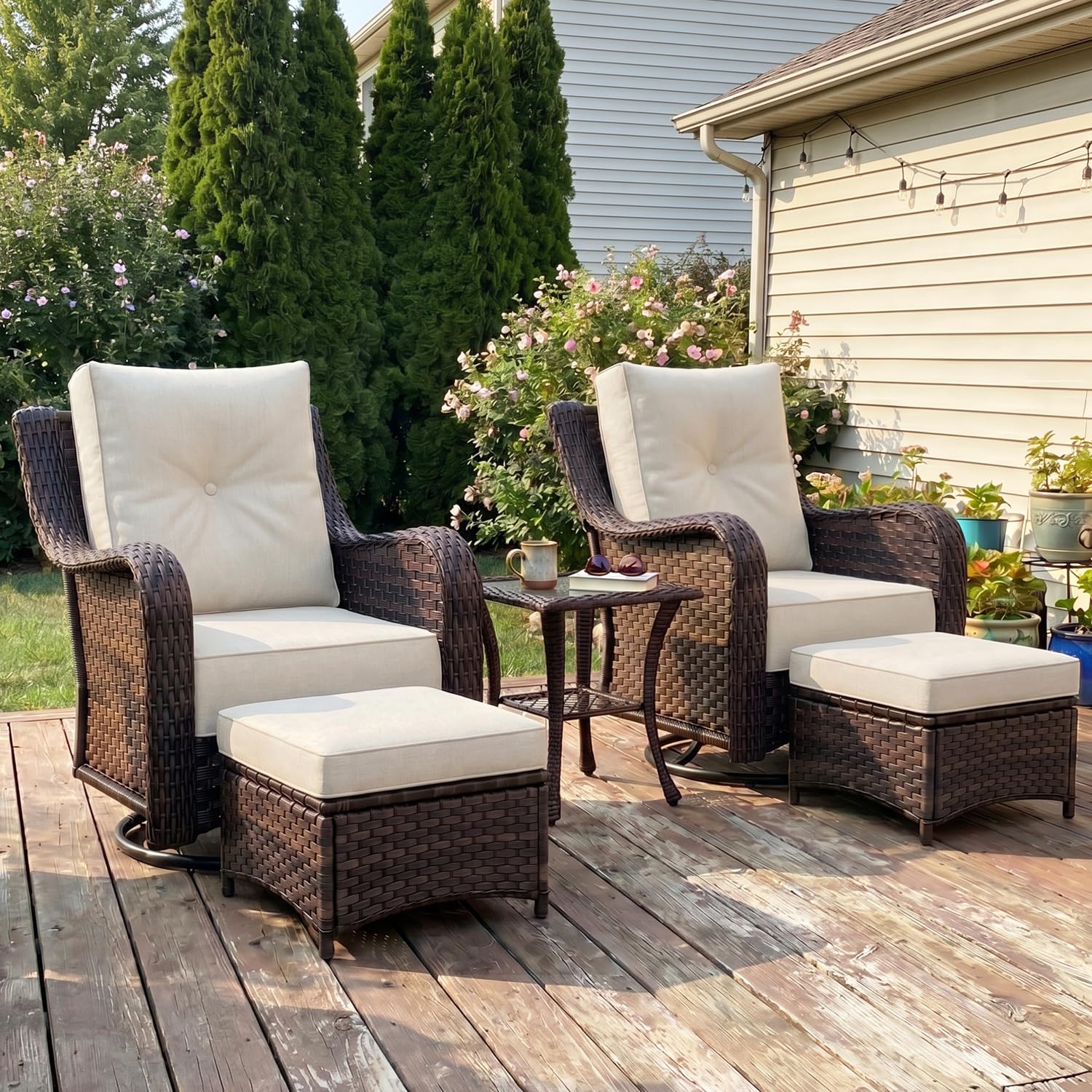 LayinSun 5 Piece Wicker Outdoor Furniture Set with 6-inch Comfy Cushions