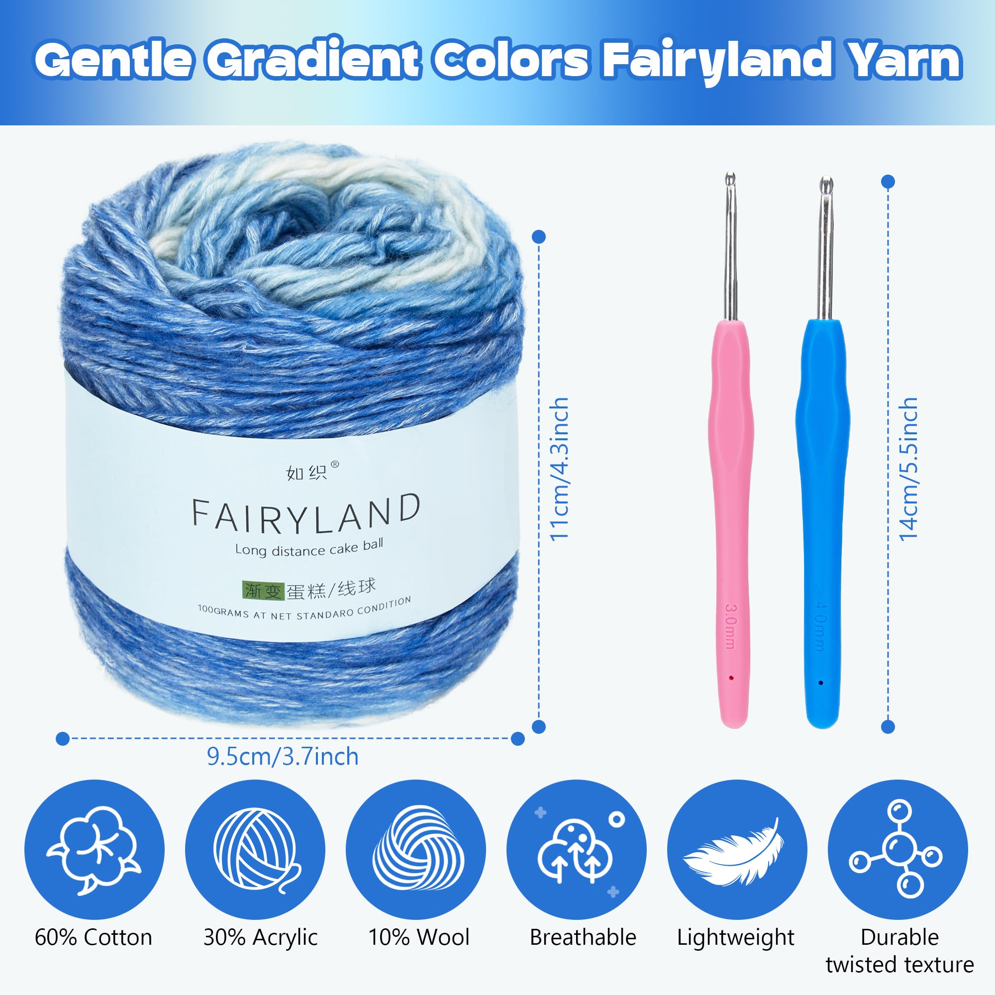 Bafeil Ombre Yarn for Crochet Knitting Wool, 4x100g Gradient Yarn 60% Cotton 30% Acrylic 10% Wool with 2 Hooks - Image 2