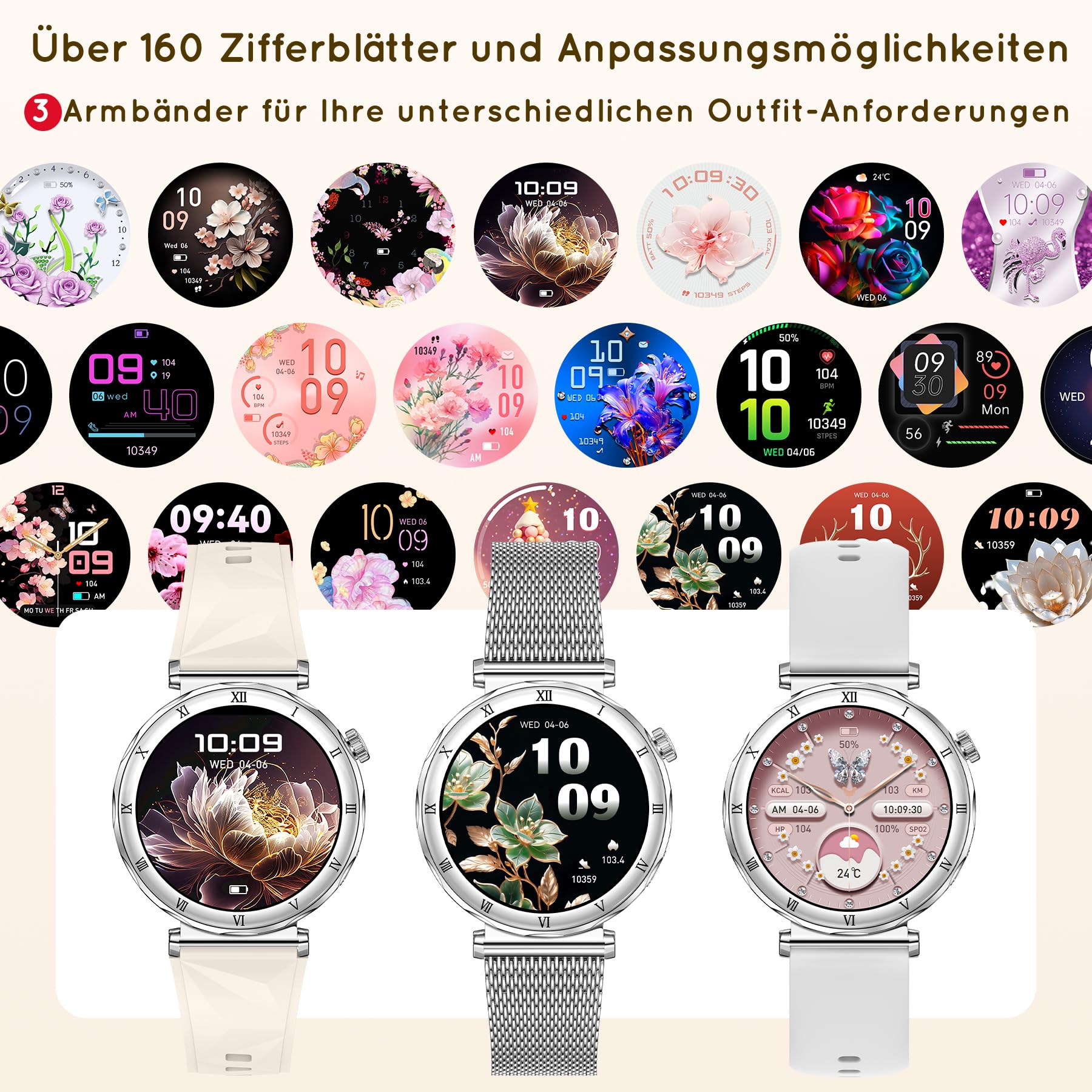 Smartwatch Damen Rund, AMOLED 1,19" Kleine Fitnessuhr mit Telefonfunktion, Schrittzähler, Herzfrequenz SpO2 Schlafmonitoring, 120+ Sportuhr, IP68-Wasserdicht für iOS Android, Silber/Zarte Geschenk