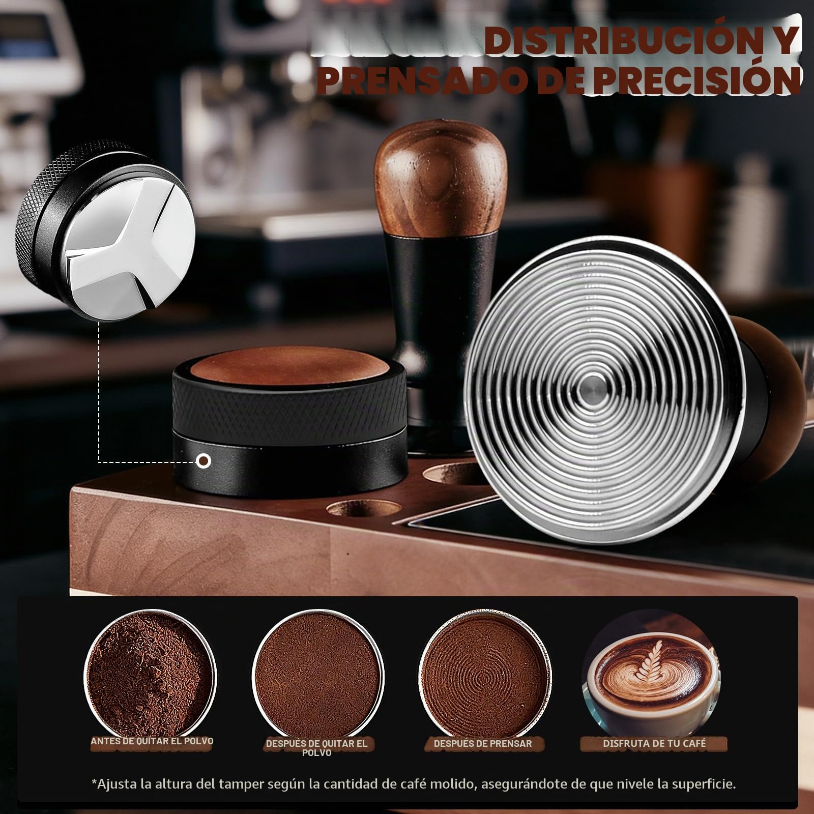 Tamper Café 58 mm Profesional, Dispensador de polvo de 58 mm y Alfombra de silicona – Kit Barista Premium para Espresso, Base Inox, Mango Madera, Herramienta de Tasado Compatible con Portafiltros, 58