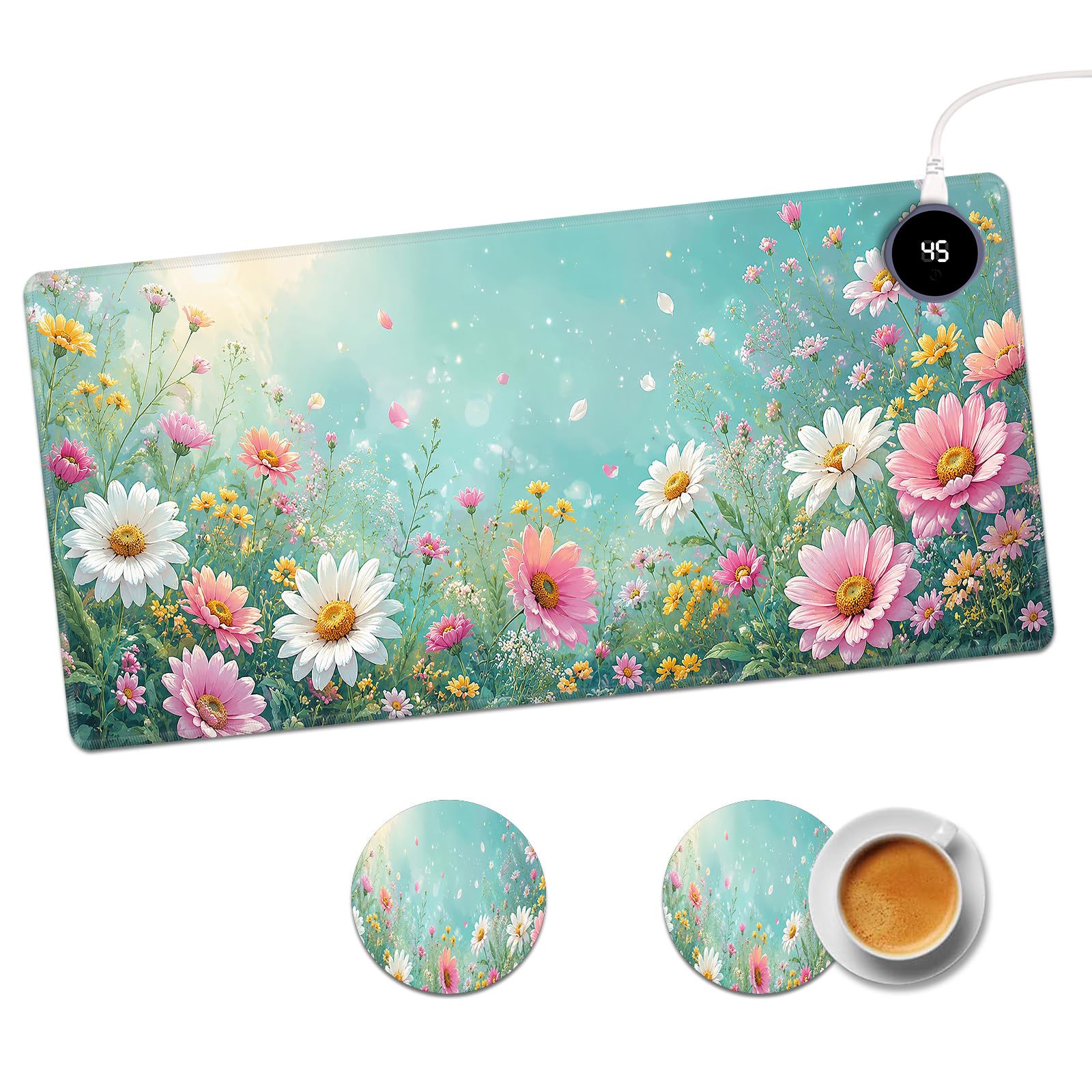 JANENFNA Heated Desk Pad with 2 Coasters, 15s Fast Warmth, 31.5"x13" Large Mouse Pad, 3 Heat Levels & Timer, Waterproof PU Leather, Warm Desk Mat Set for Office Home Gaming, Soft Daisy Meadow