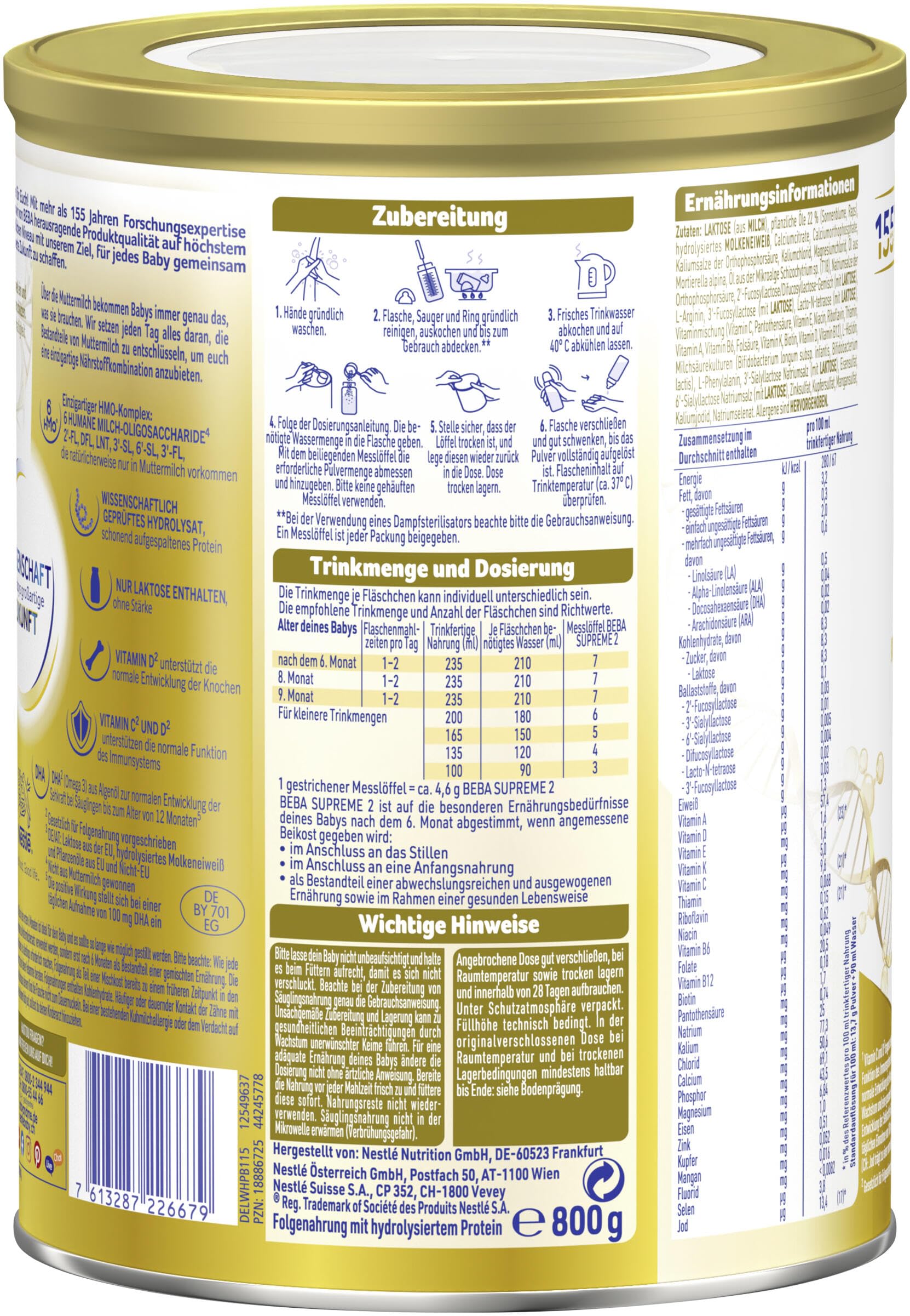 BEBA SUPREME 2 - Folgemilch nach dem 6. Monat, Mit 6 HMO Komplex, Patentiertes Produkt, Nur Laktose, Ohne Palmöl, Ohne Fischöl, Babynahrung, Baby-Milchpulver, 6er Pack (6 x 800g)