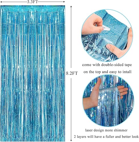 Miniatura 2 de Paquete de 2 cortinas de flecos de papel de oropel azul claro de 3.3 x 8.2 pies, cortinas de flecos de oropel azul claro para fiestas, bodas,