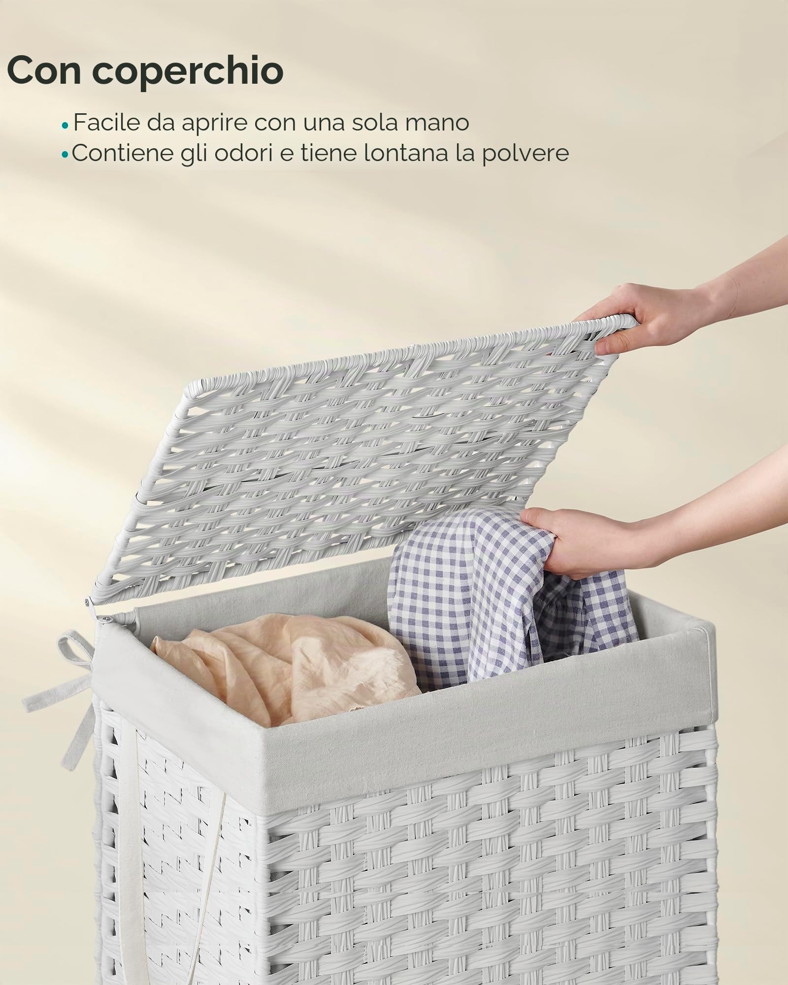 SONGMICS Cesto portabiancheria intrecciato a mano, in rattan sintetico, con coperchio e manici, pieghevole, rimovibile, colore bianco, ULCB51WT