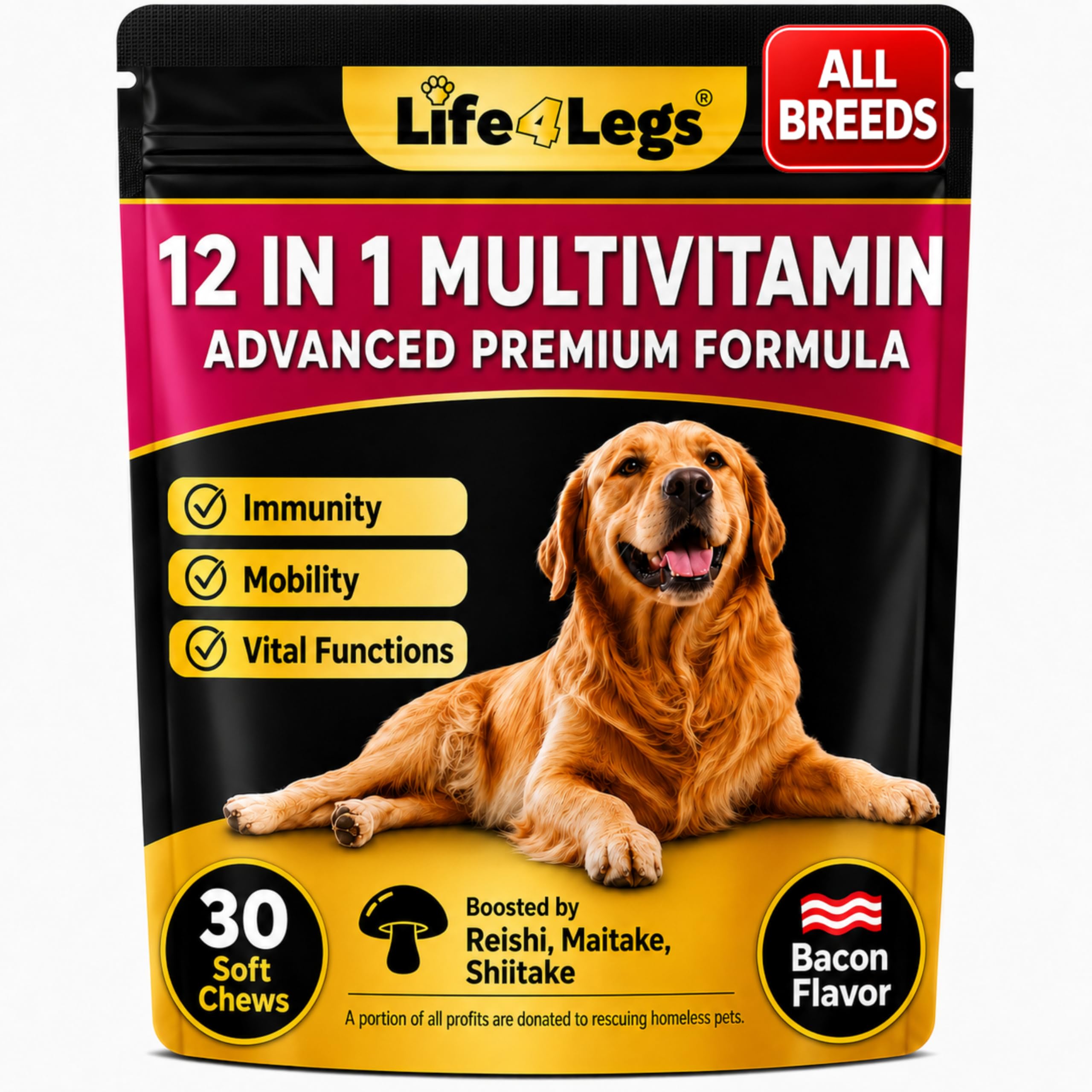 30 Soft Chews Dog Vitamins - Hemp Oil Glucosamine Chondroitin Hip and Joint Support Health, Skin & Coat Supplements, Digestion & Immune Booster, Heart, Probiotics - Bacon Flavour