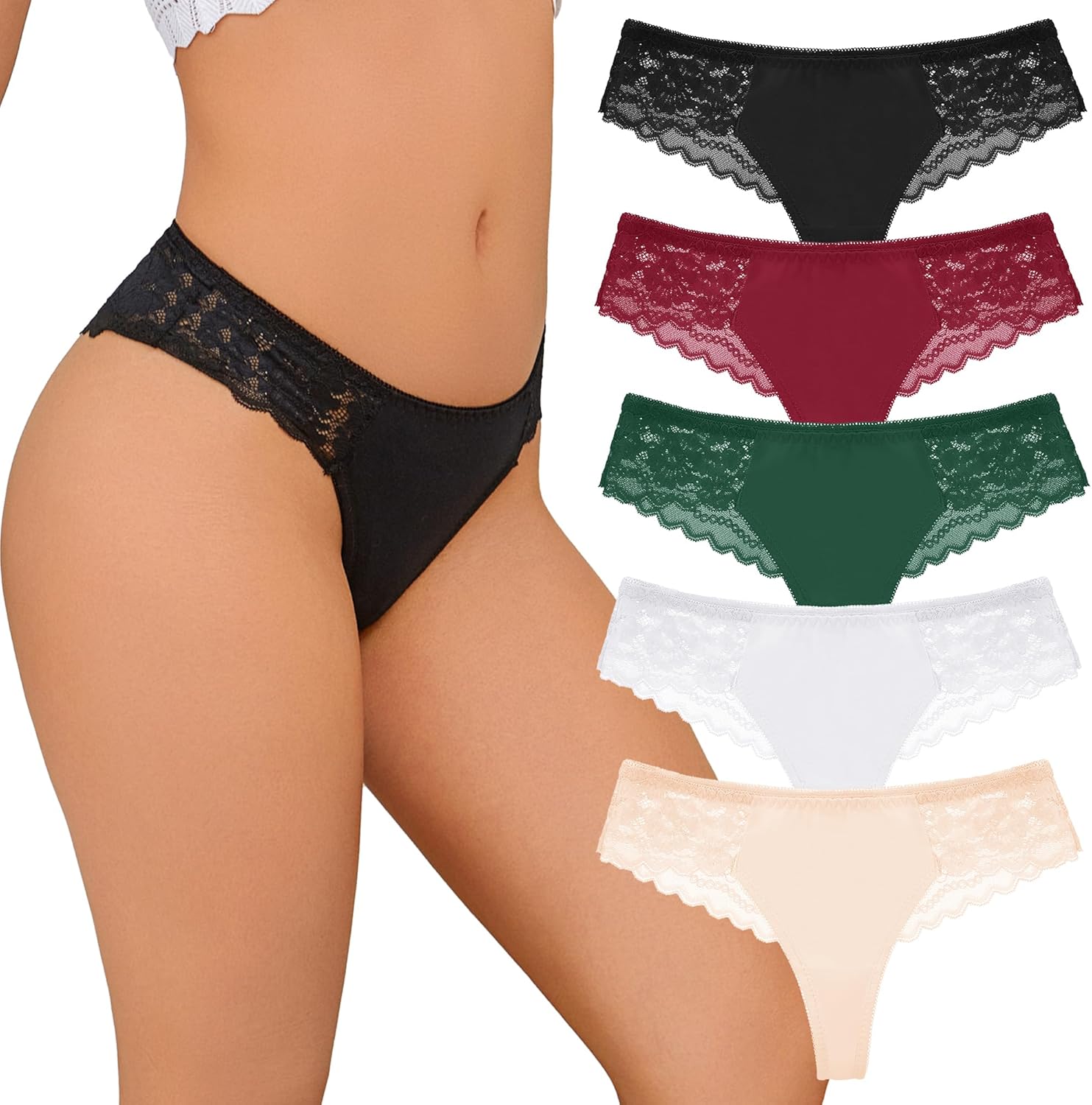Women's Seamless Cotton Thong Underwear for Women Soft Lace Thongs Breathable Low Rise Bikini Briefs 5 Pack S-XL