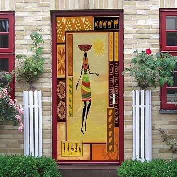 Door Stickers Peel and Stick African Pattern Art Decals Door Murals Retro 3D Vinyl Wrap Wallpaper Removable Doors Poster for Home Decor, 30.3 "W x 78.7 "L 2 Pcs Set a-6250