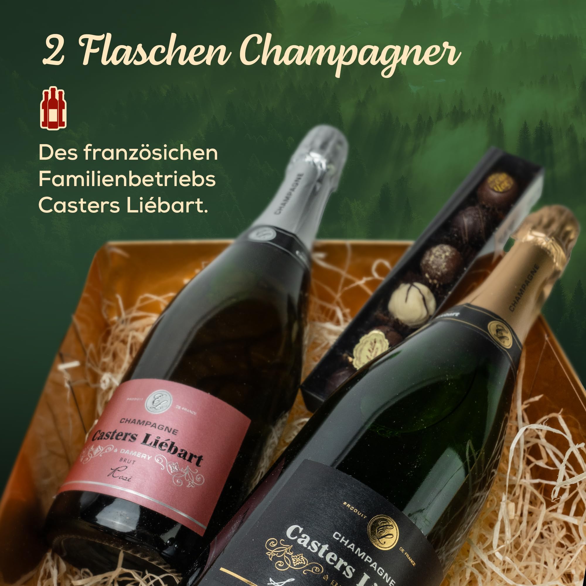 DUO CHAMPAGNER - Geschenkkorb mit Schokolade in edler GOLD Magnetbox - Gourmet Degustation - Party Geschenkidee für Frauen und Männer. Zum Geburtstag, Hochzeit, und weitere Anlässe