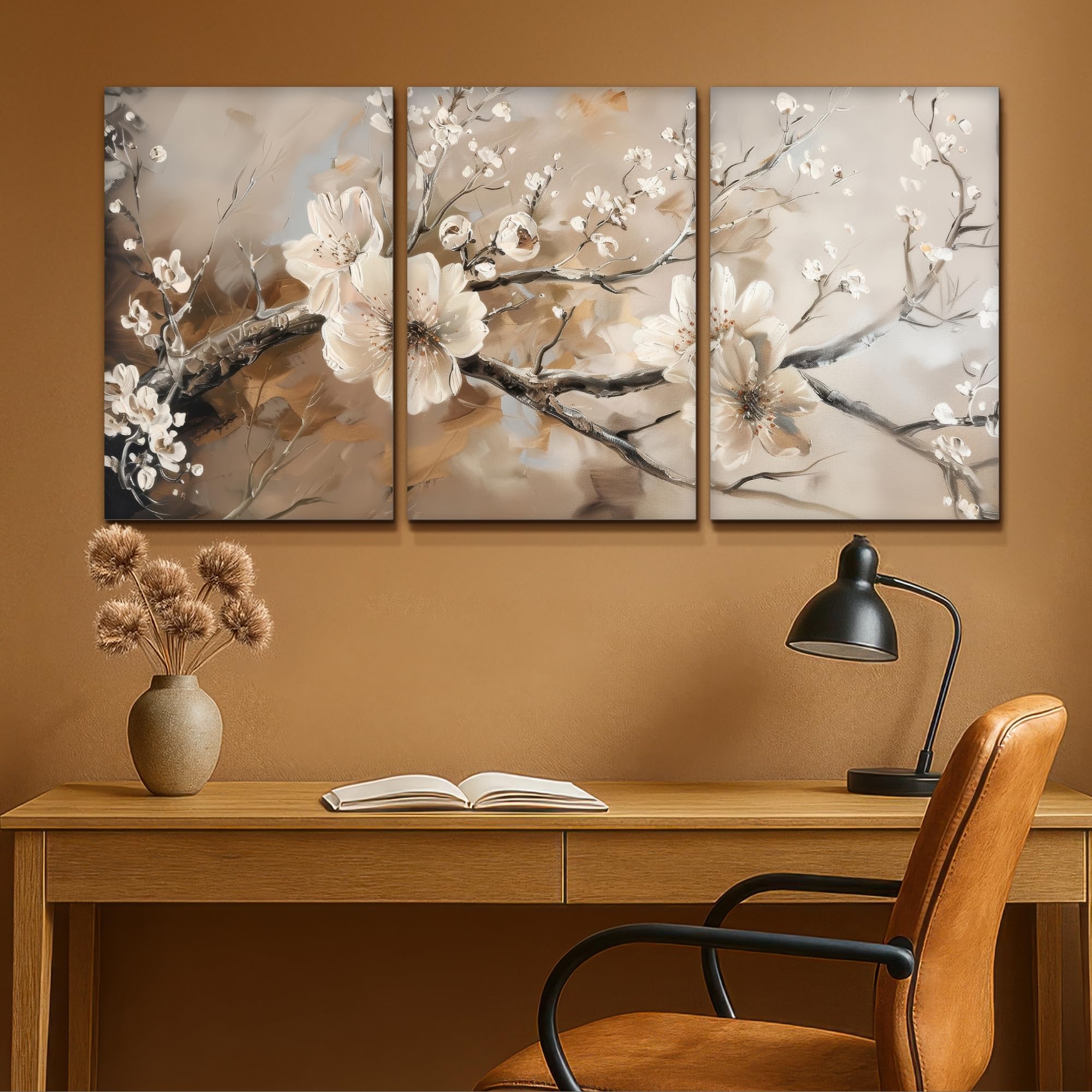 MuchoWow© Wandbilder 3er Set 120x60 cm Wohnzimmer Wanddeko Schlafzimmer Zimmerdeko Wandgemälde Zimmer Deko auf Wand Dekoration Leinwände Blüte - Beige - Abstrakt - Blumen