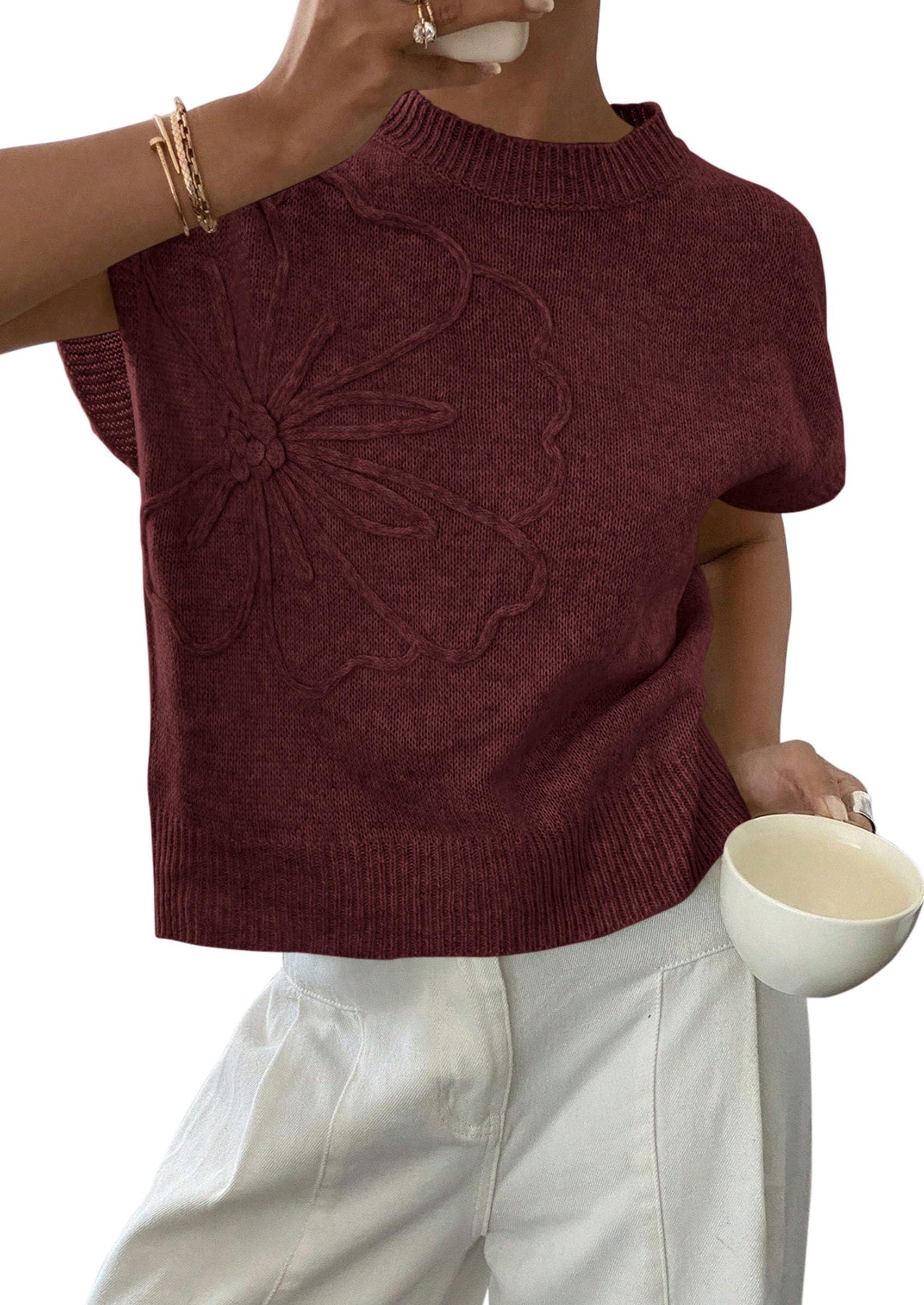 Women's 2026 Spring Sweater Vest Trendy Flower Knit Short Sleeve Cute Pullover Tank Tops Summer Fashion Clothing