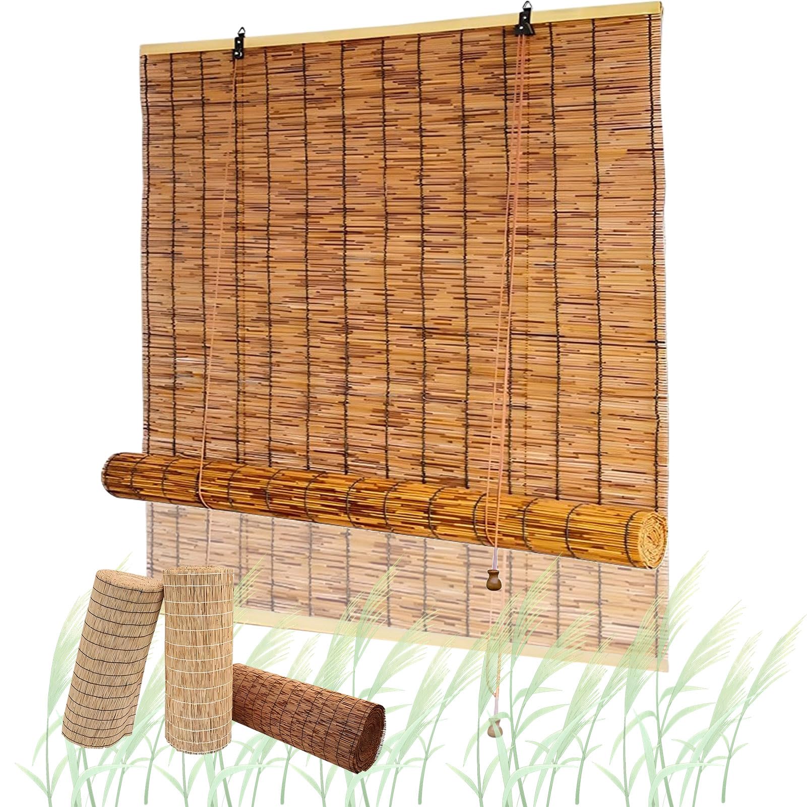LXODOVZD Natural Reed Curtains Sunshade Bamboo Roller Blind for Windows Outdoor Blackout Shade Bamboo Blinds for Patio Roman Reed Blinds Light Filtering Roll Up Shades with Lifter for Kitchen