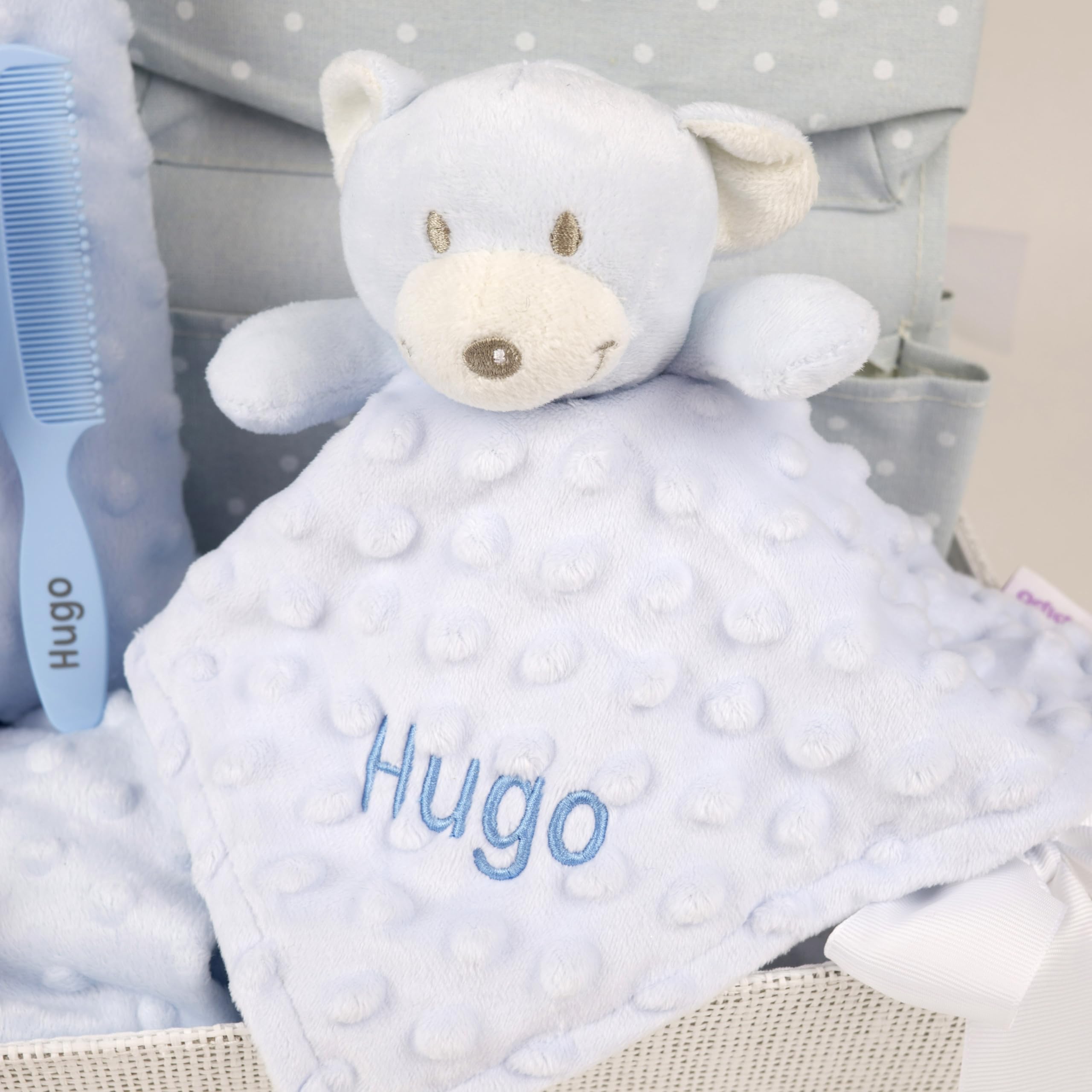 Canastilla Bebe Personalizada Azul | Cesta Bebe Recien Nacido con Manta, Doudou, Chupete, Pañales y Accesorios | Set Regalo Nacimiento Completo, Nombre Bordado, Poliéster