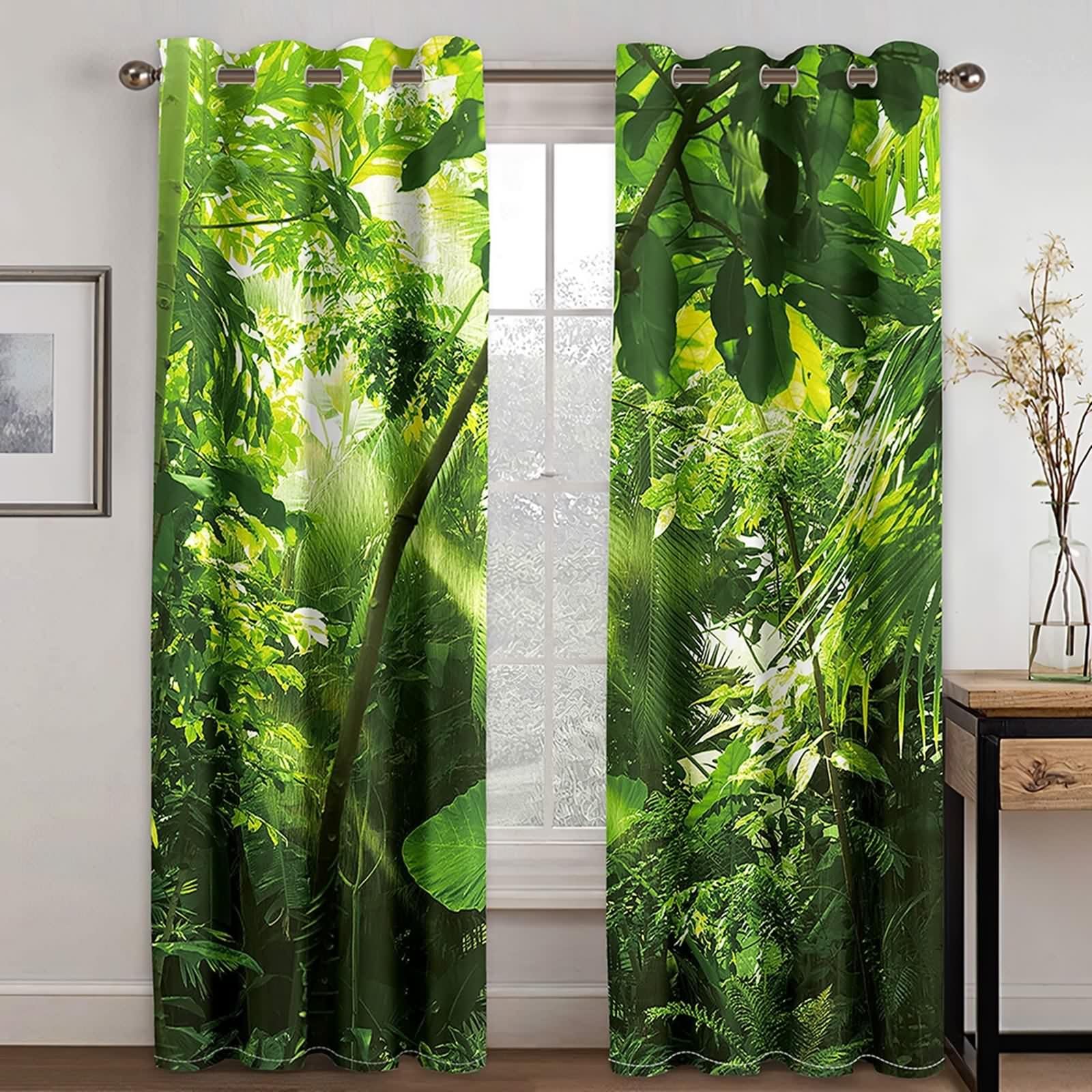 Rideau Anniversaire, Rideau Stof Polyester Vert Paysage Feuilles et Soleil 86L x 160H CM Lot de 2