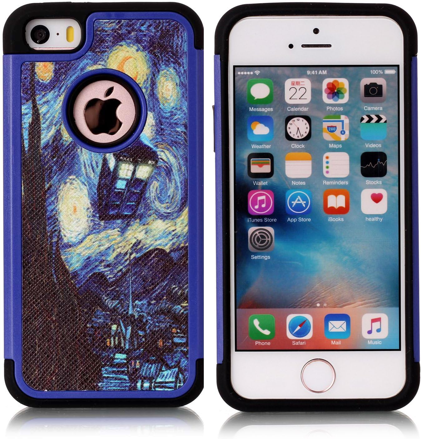 iPhone 5S Case, iPhone SE Case, Van Gogh Starry Night Tardis Pattern Shock-Absorption Hard PC and Inner Silicone Hybrid Dual Layer Armor Defender Protective Case Cover for Apple iPhone 5/5S iPhone SE