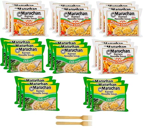 Miniatura 1 de Maruchan Ramen Fideos Picante Variedad de pollo y chile, 3 onzas (paquete de 24)  con cucharas de bambú Make Your Day