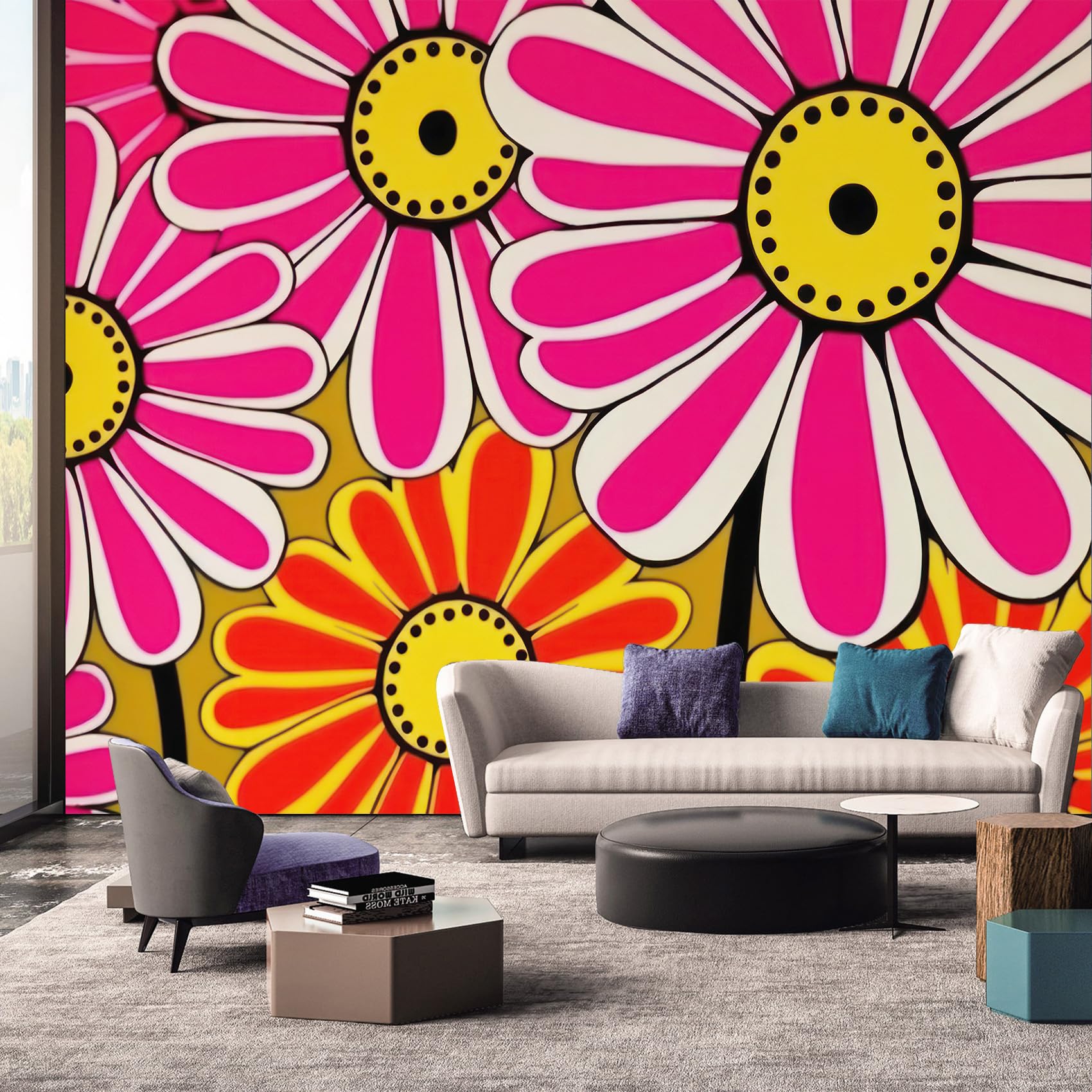 Retro Floral Wallpaper, 70s Flower Daisy Pink Yellow Wallpaper Murals, Retro Floral Room Decor Wall Art for Bedroom Kitchen Living Room 500L x 350W cm
