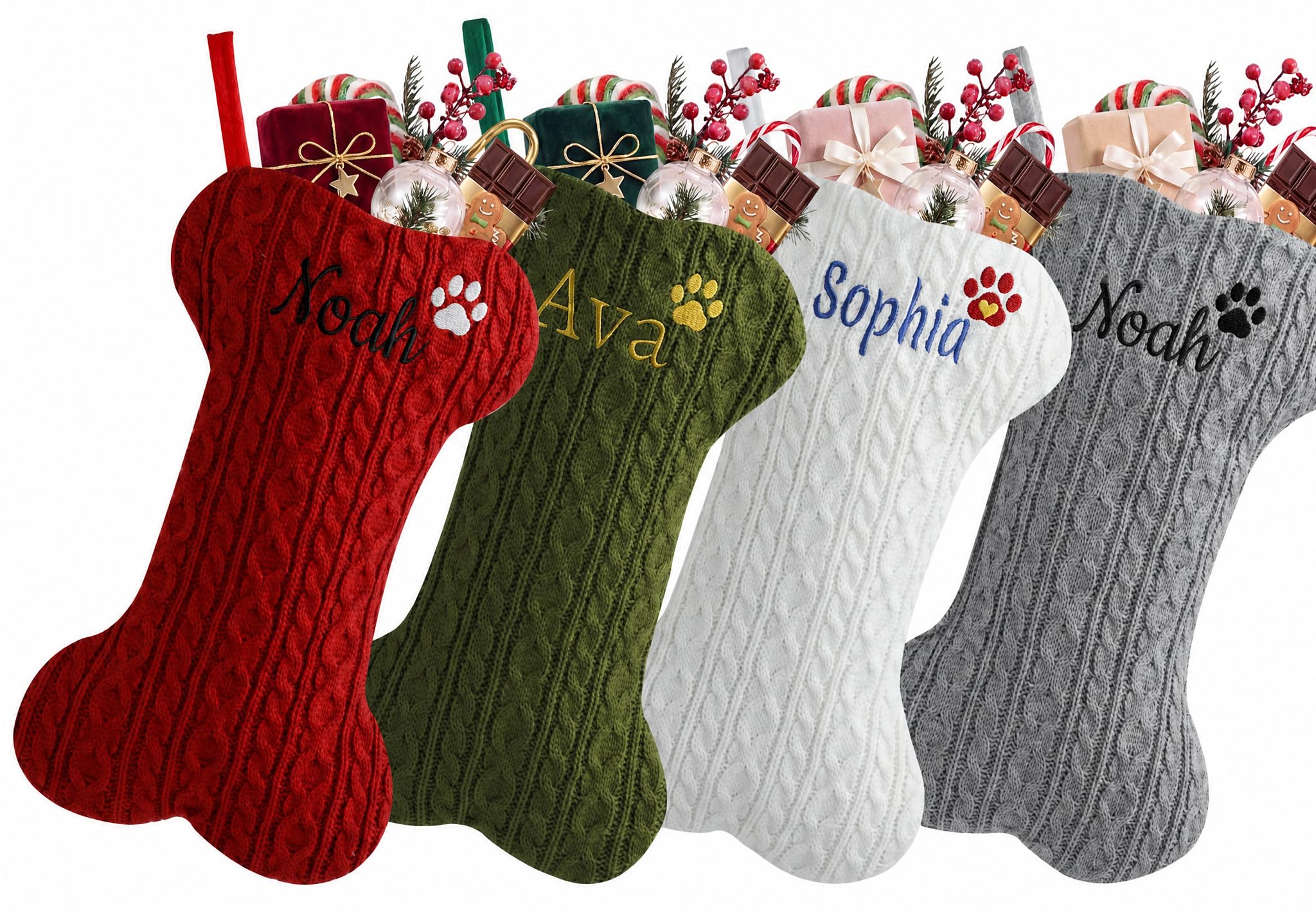 Personalised Dog Christmas Stockings, 17.5" Custom Dog Bone Shape Cable Knit Embroidered Name Xmas Stocking, 2 Pack Rustic Pet Holiday Stockings for Fireplace Mantel Decor, Gifts for Dogs Cats