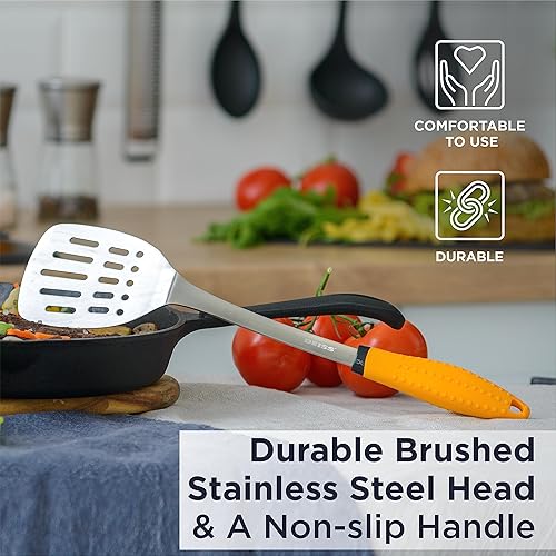 Miniatura 10 de Deiss PRO - Espátula de metal con mango de madera con ranura para espátula espátula para raspar tornear carne mezclar huevos revueltos voltear