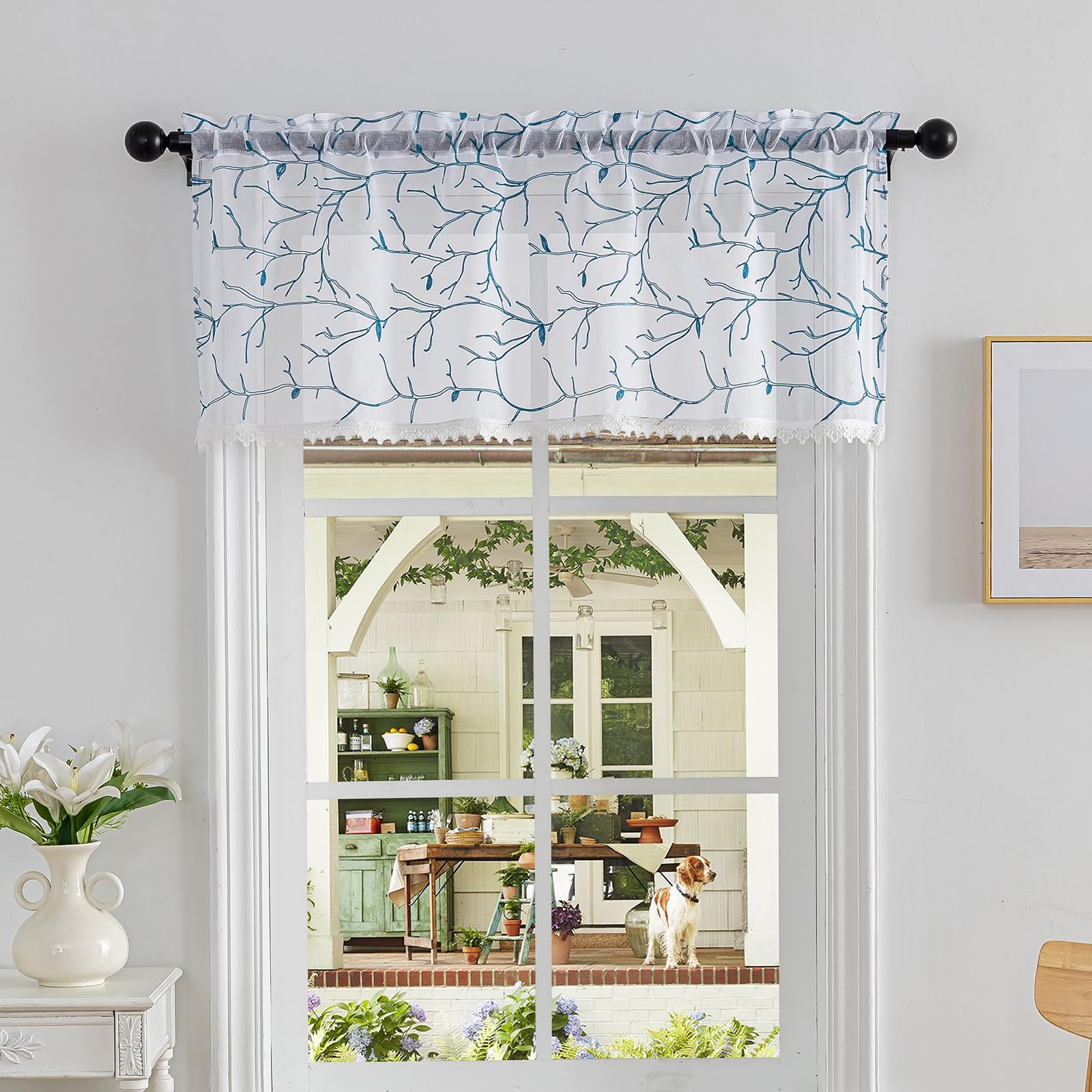 Beda Home Tassel Embroidery Sheer Curtain Valance for Kitchen Living Room; Light Filtering Rustic Country Style Short Top for Bedroom Small Window