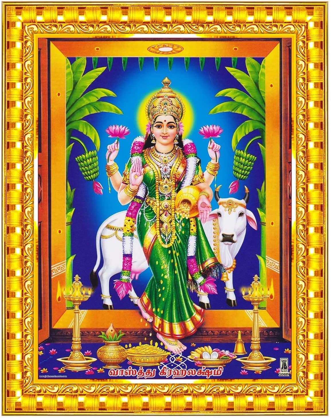 Pavan Photo Laminations Goddess Lakshmi Devi Gruha Gruhalakshmi Cow Wall Painting Framed Home Decor (Wood,Matte,Gold,Small Size,6 x 8 Inch) R364S