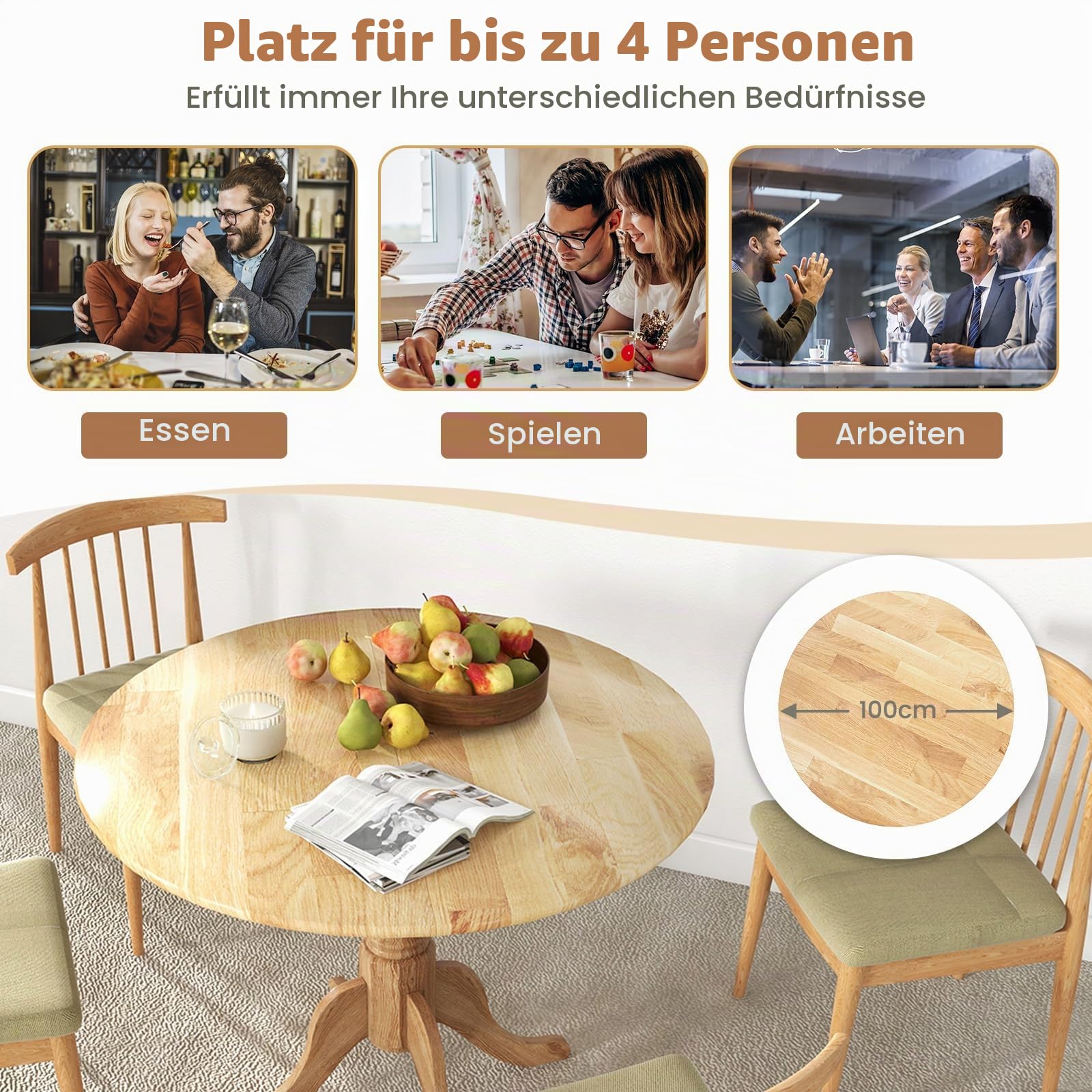 LIFEZEAL 100cm Runder Esstisch, Esszimmertisch für 4 Personen, Küchentisch Esszimmer Tisch Holz mit Säulenfuß, Dining Table Vintage für Bistro Küche Restaurant (Natur)