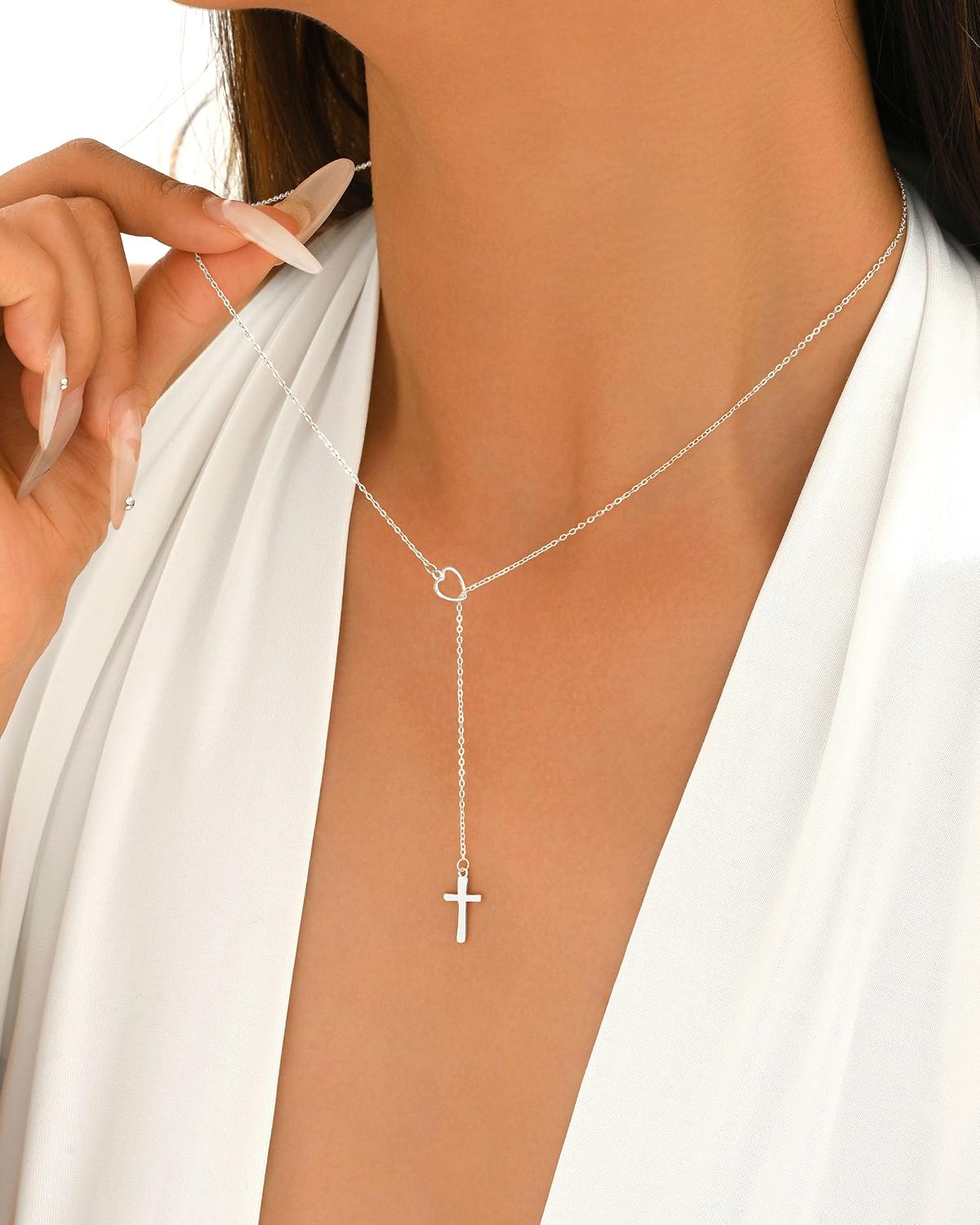 Dainty Cross Lariat Necklace for Women,925 Sterling Silver Heart Y Shape Long Drop Charm Chain 14K Gold Plated Non Tarnish Trendy Cross Pendant Necklaces Religious Faith Wedding Prom Jewelry Gifts